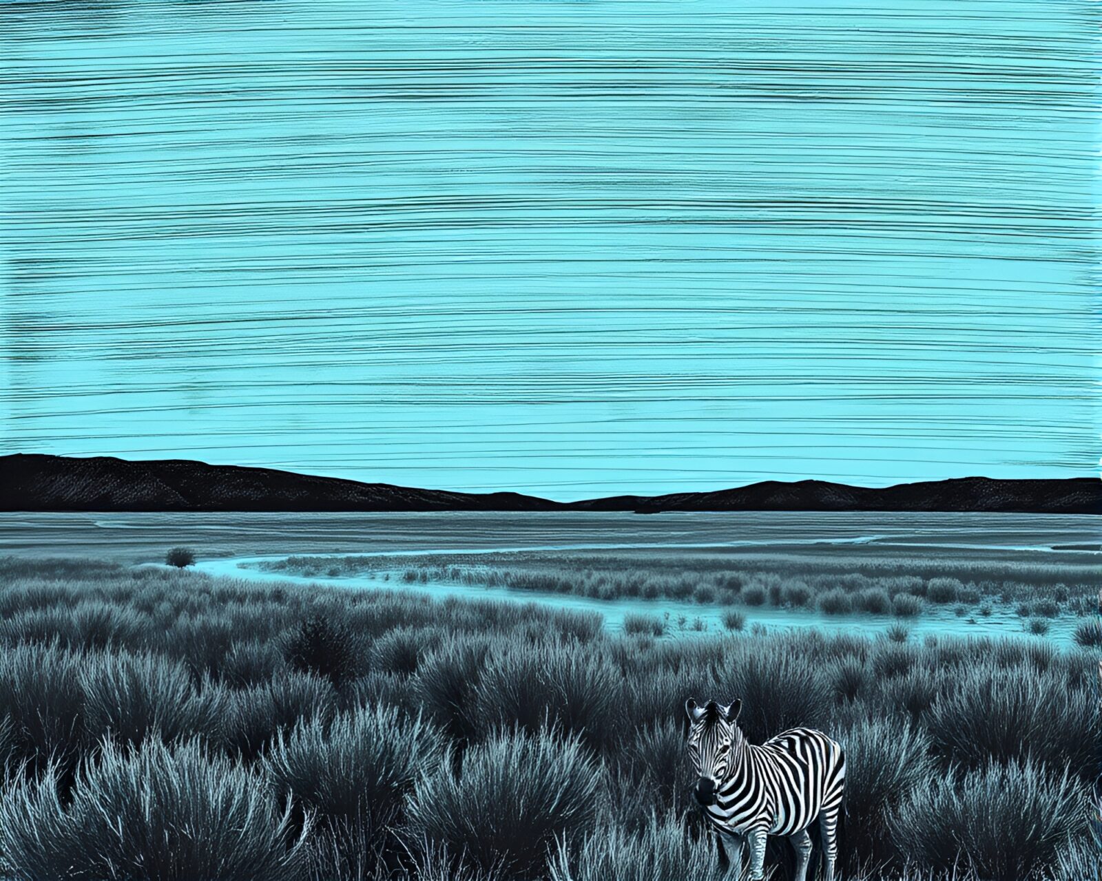 A calming turquoise scene with a zebra walking on a path