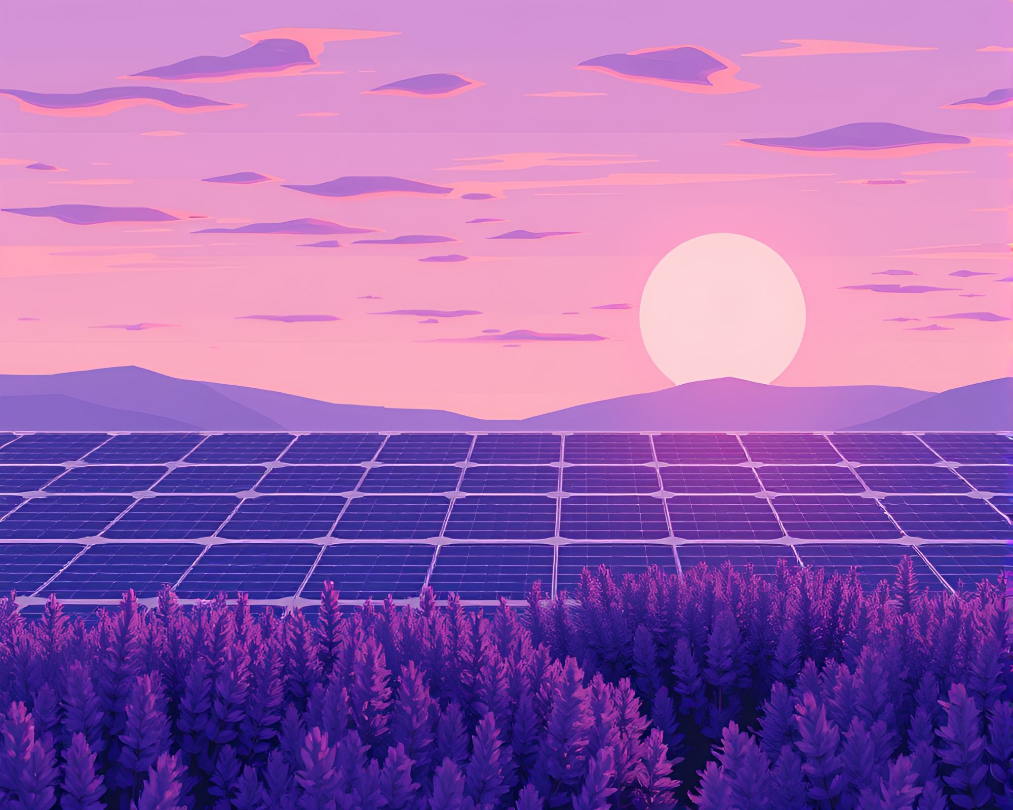 Lavender Twilight Pixel Art Solar Panel Composition – free AI stock image