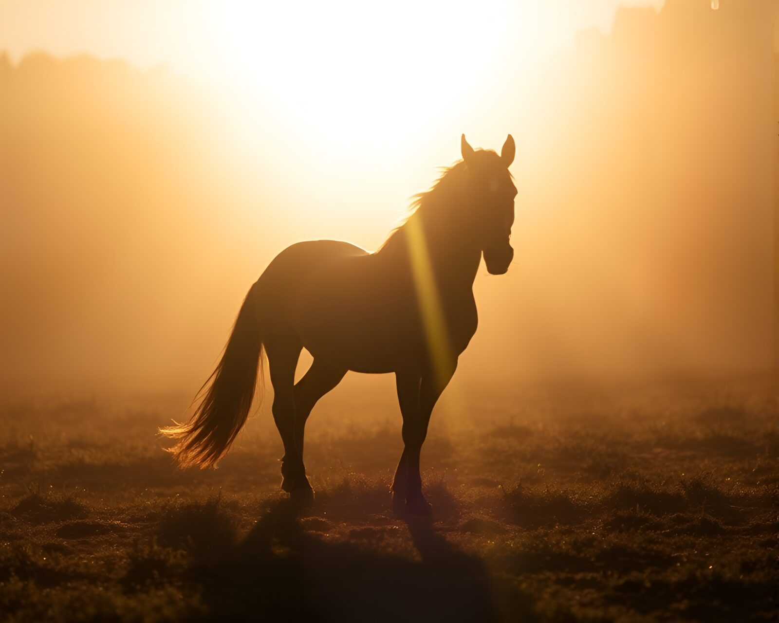 Shadowed silhouette of a majestic wild stallion in light streaks