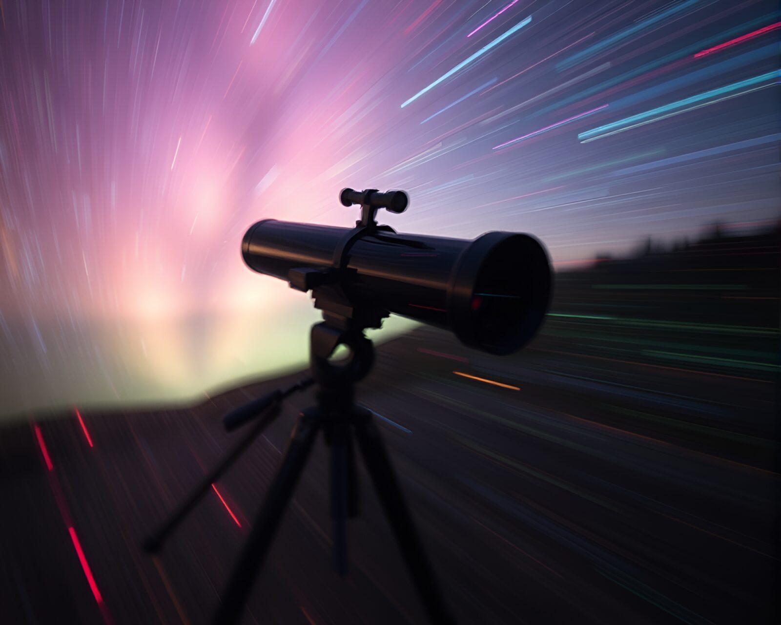 A photorealistic image of a telescope capturing motion blur streaks