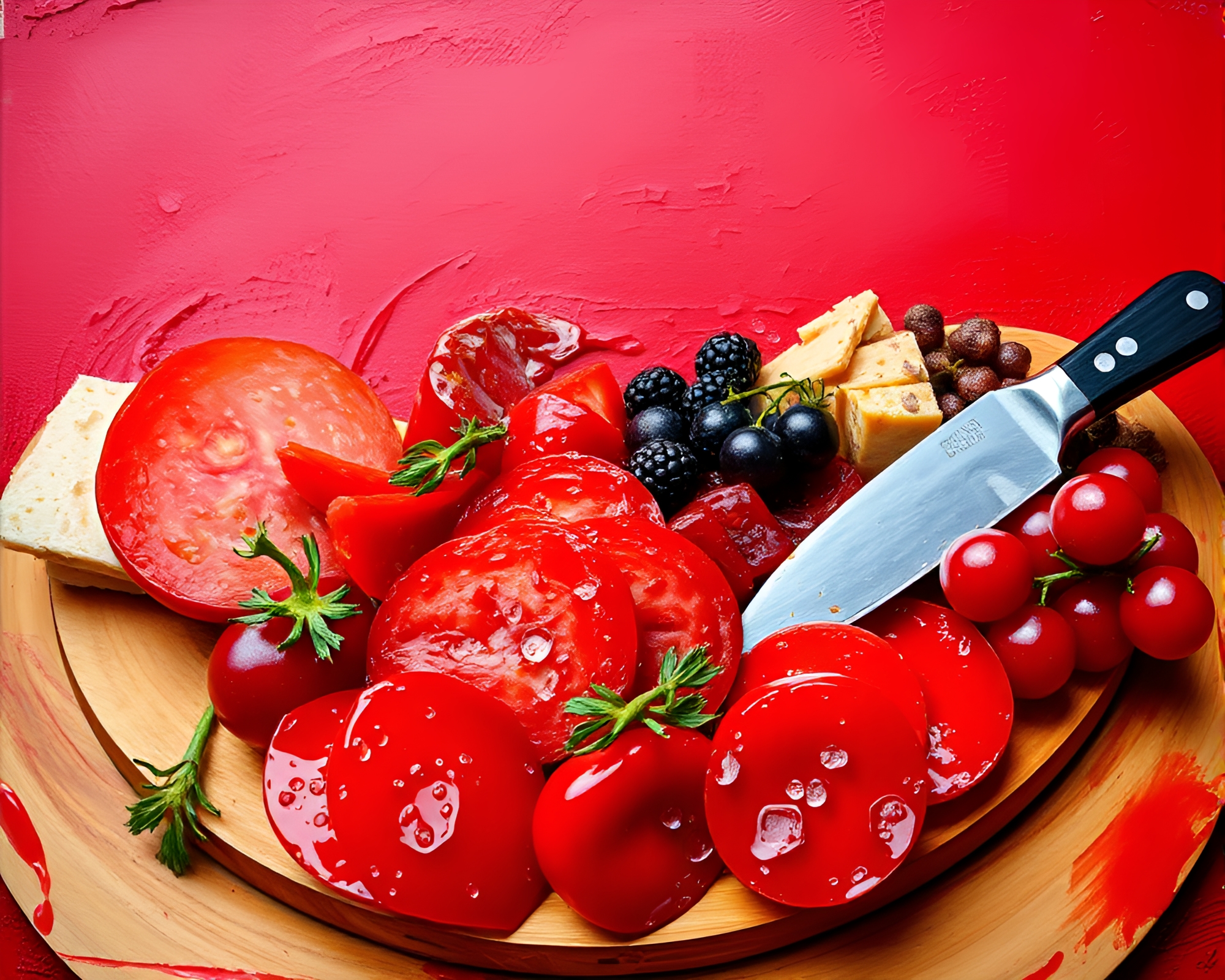Charcuterie Board Fisheye Ruby Red Palette Knife Painting – free AI stock image