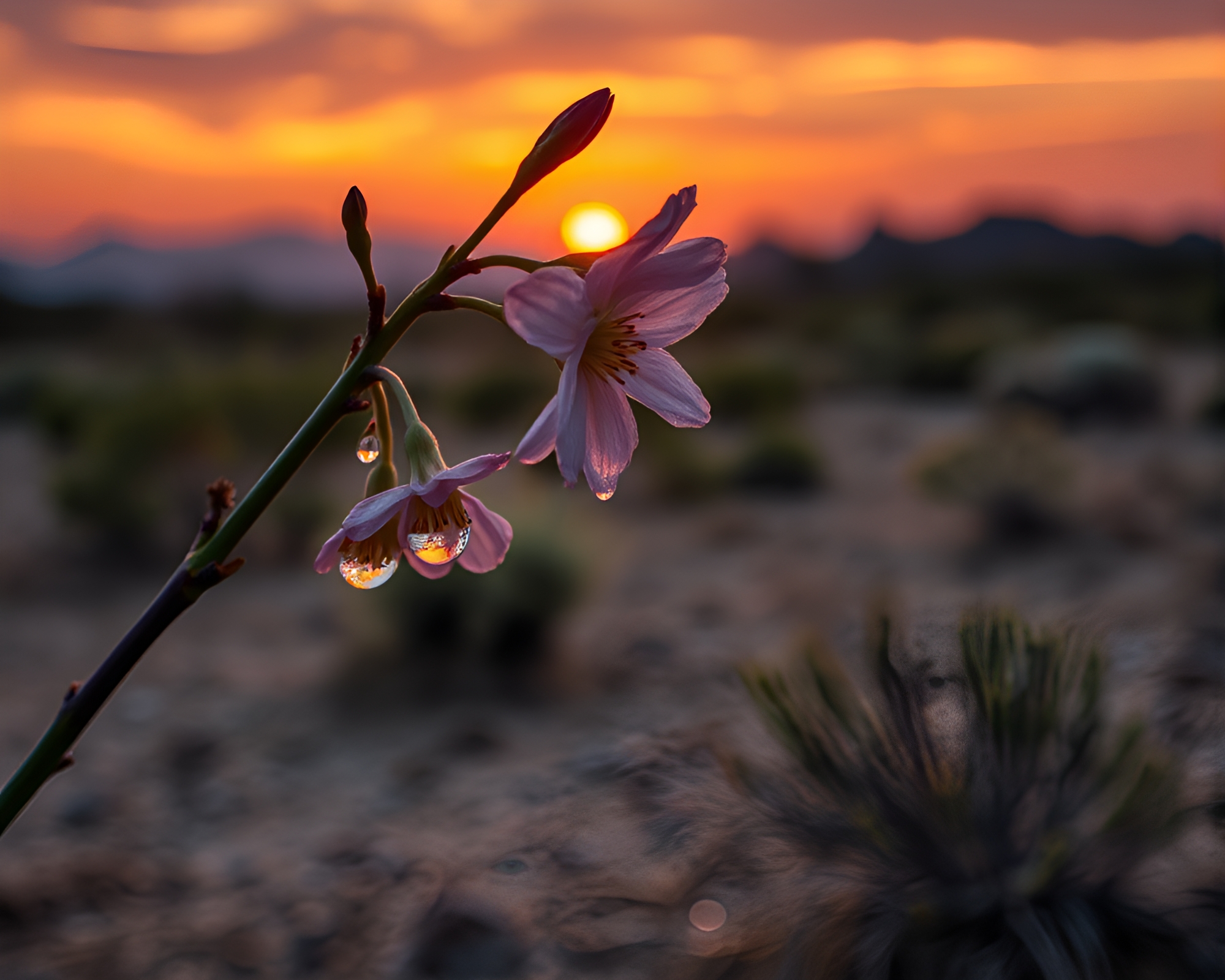 Dew Drops on Spring Blossoms at Desert Sunset – free AI stock image