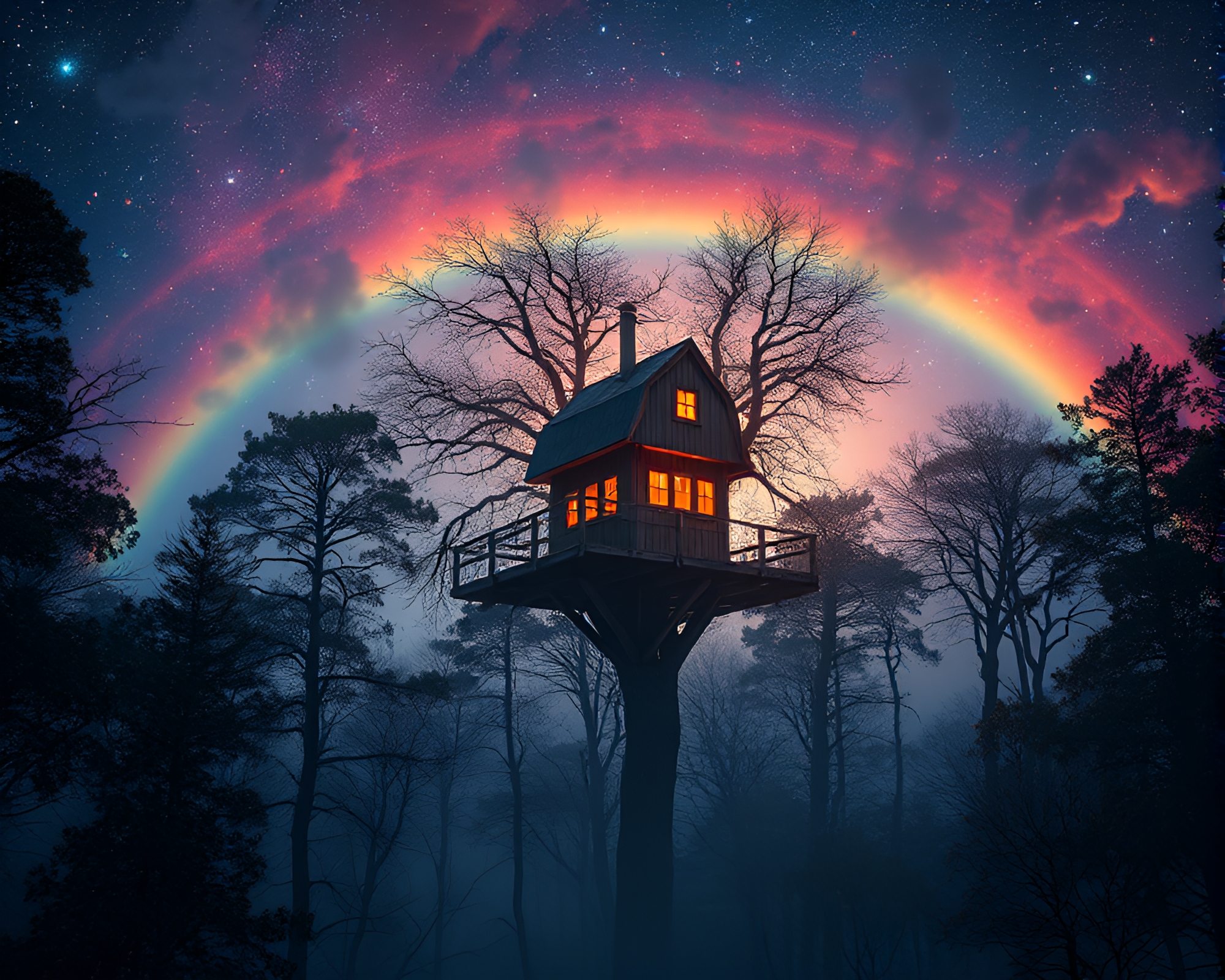 Floating Embers Treehouse: Cosmic Rainbow Delight – free AI stock image