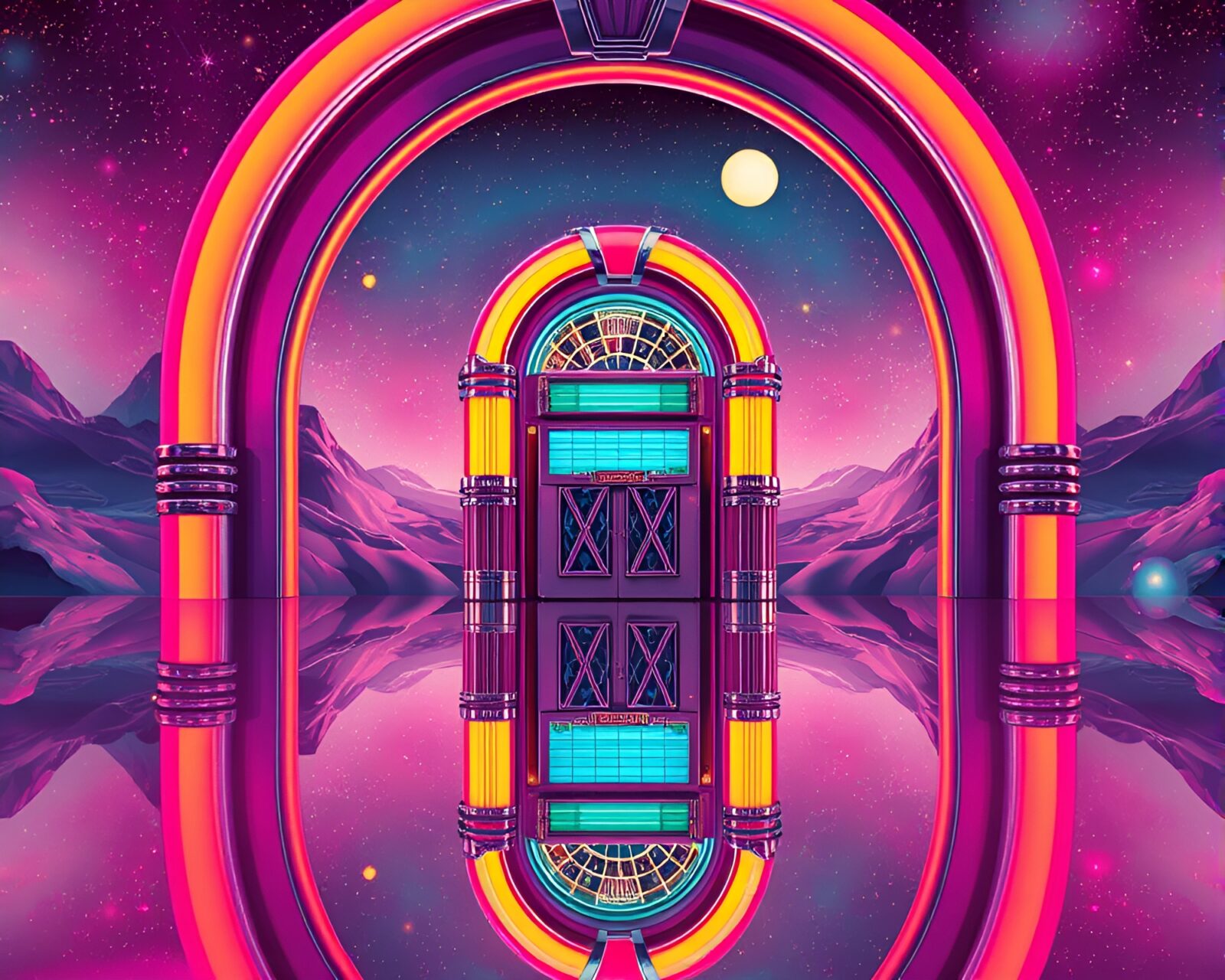 Colorful retro jukebox mirrored in planetary pastel tones