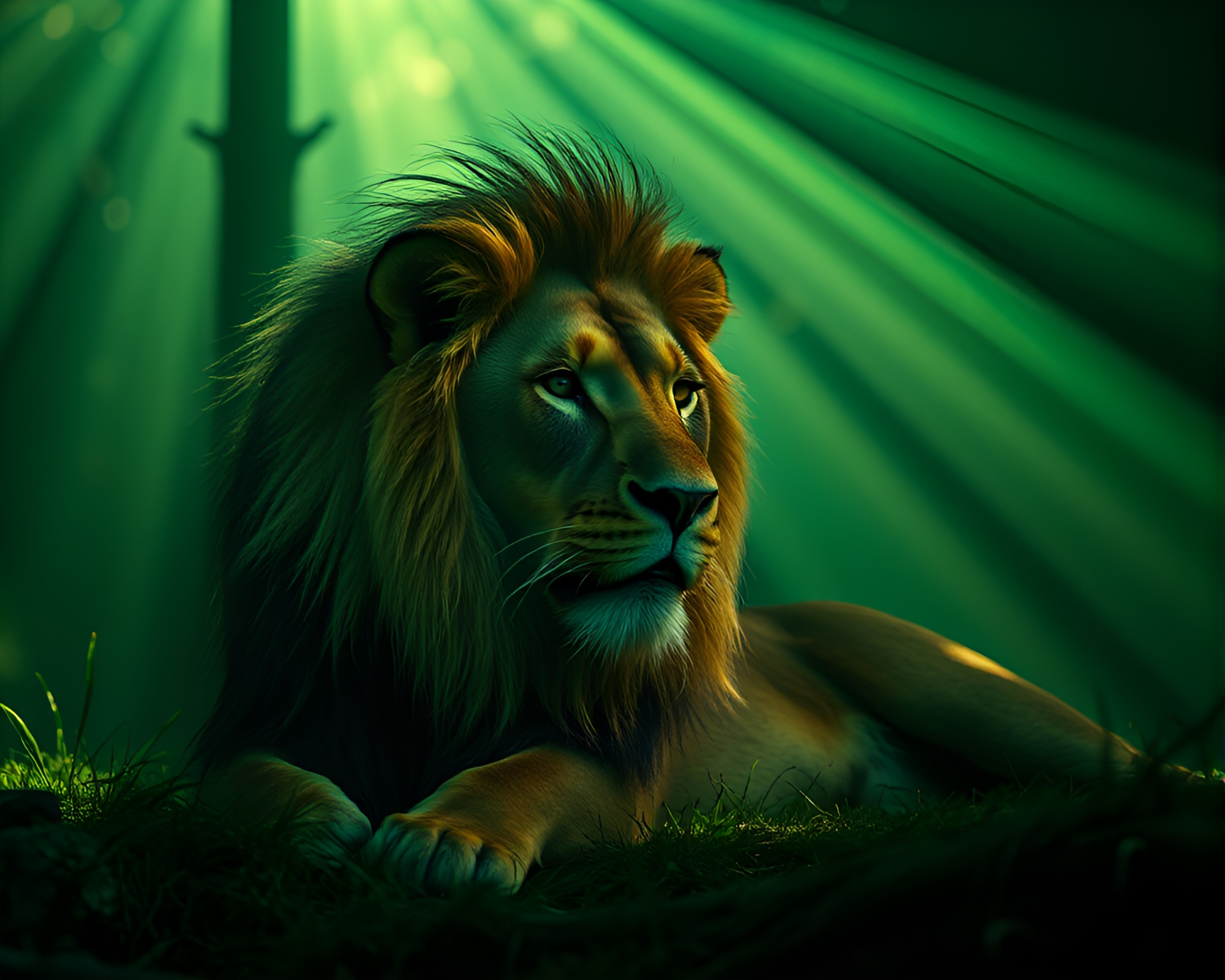 Enchanting Lion In Forest Casting Laser Beams – free AI stock image