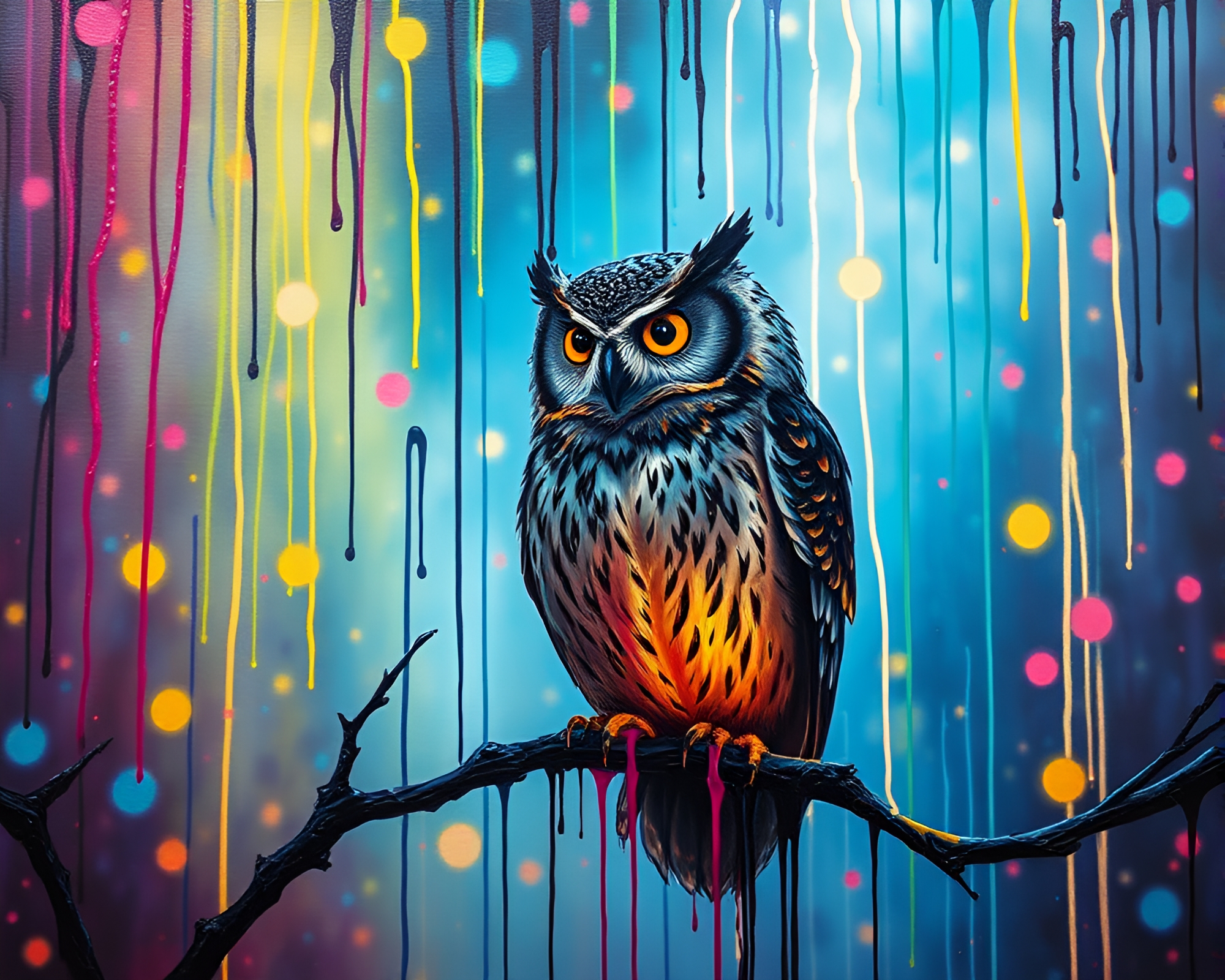 Clockwork Owl in Technicolor Paint Drips – free AI stock image