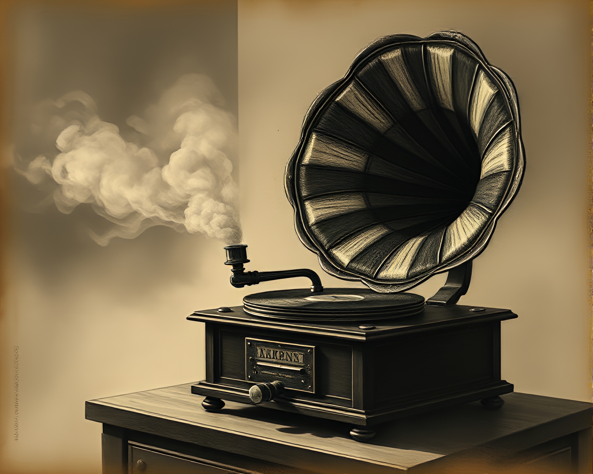 Steampunk Gramophone in Smoky Dust Particles Atmosphere – free AI stock image