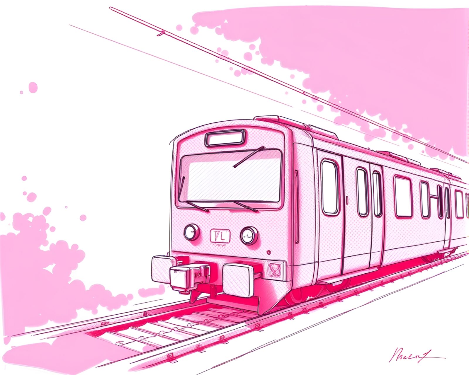 Pencil sketch of magenta train on halftone grid background