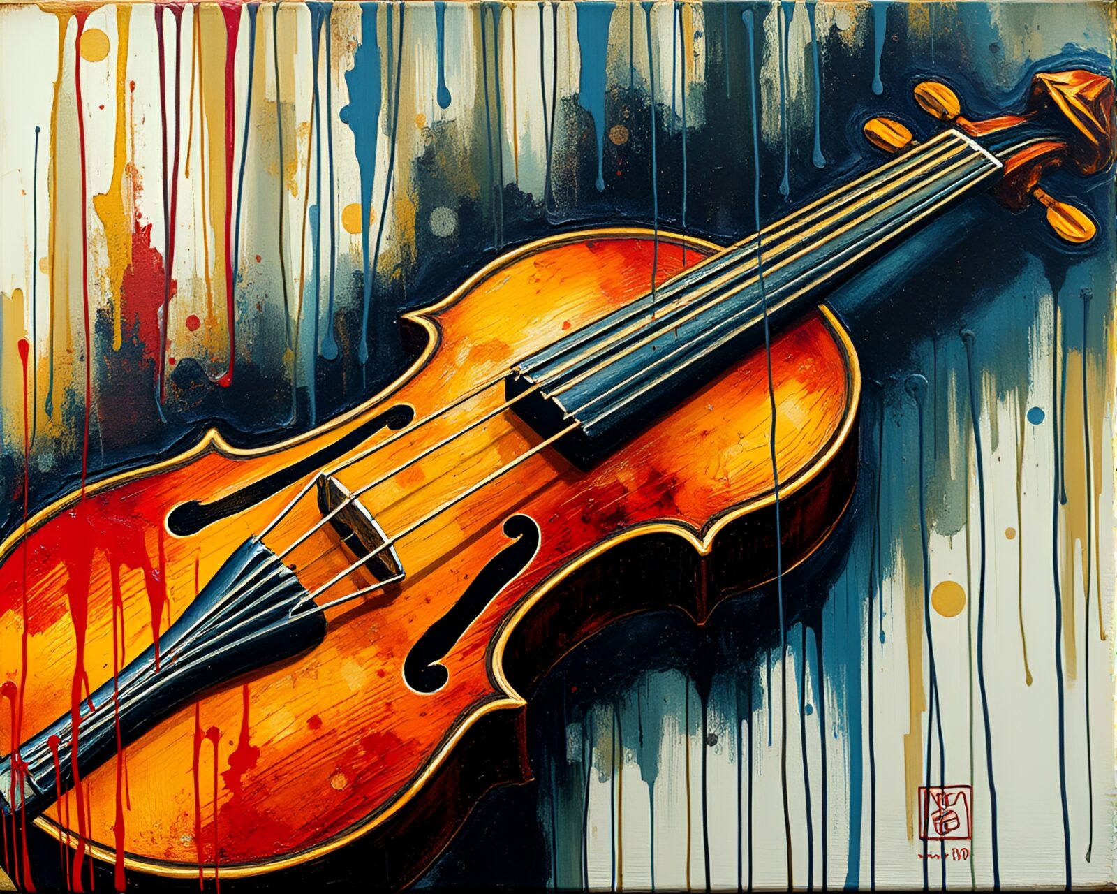 Expressionist painting of a wooden violin with dripping paint