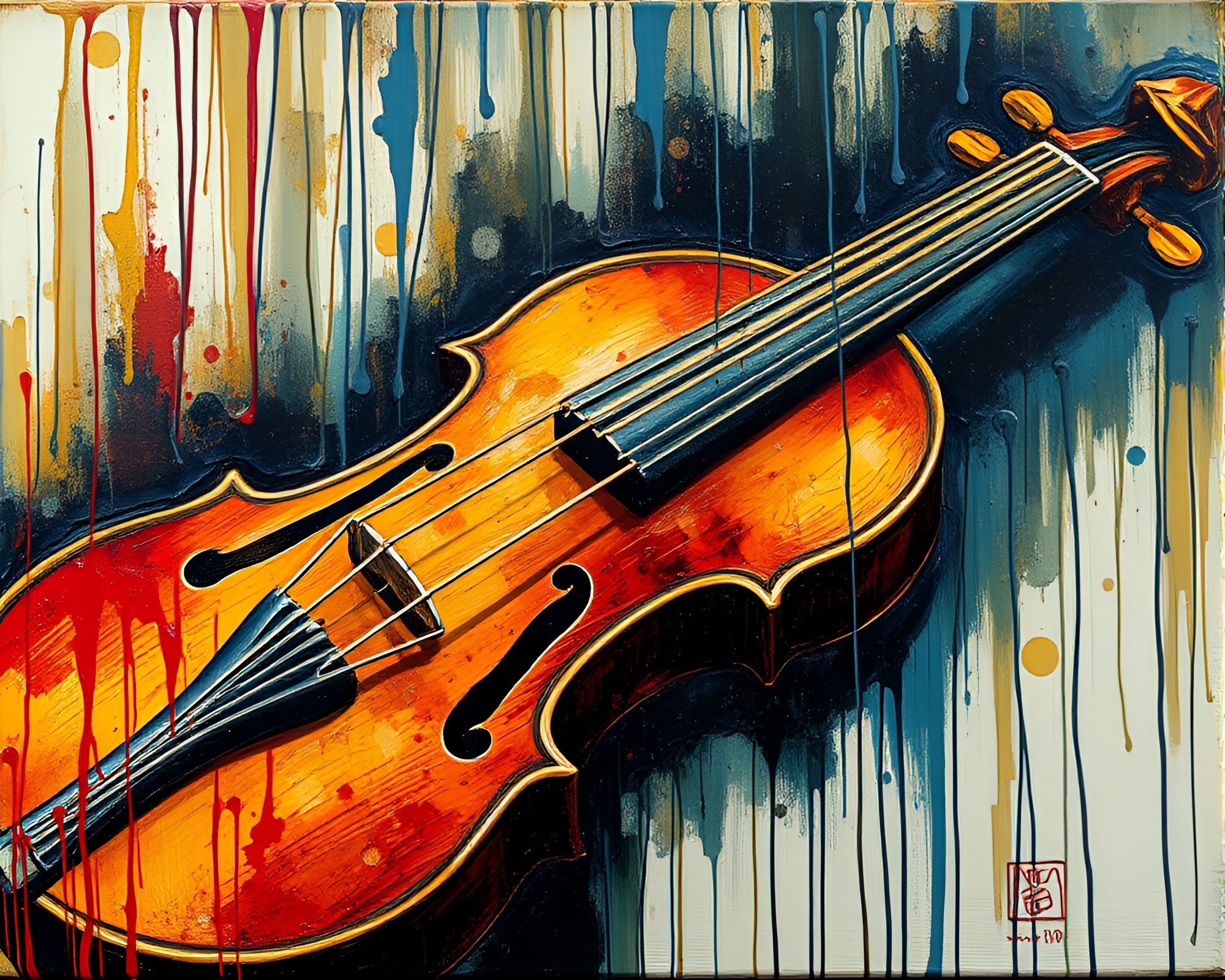 Wooden Violin in Expressive Paint Drips – free AI stock image