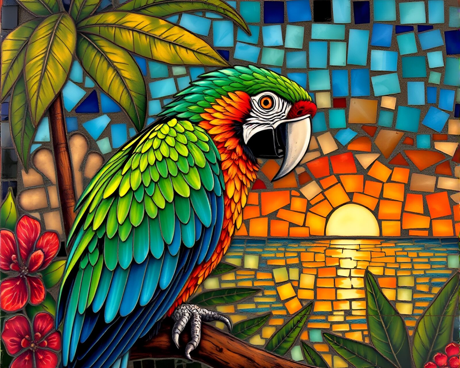 Colorful parrot in mosaic art under dramatic glowing lights