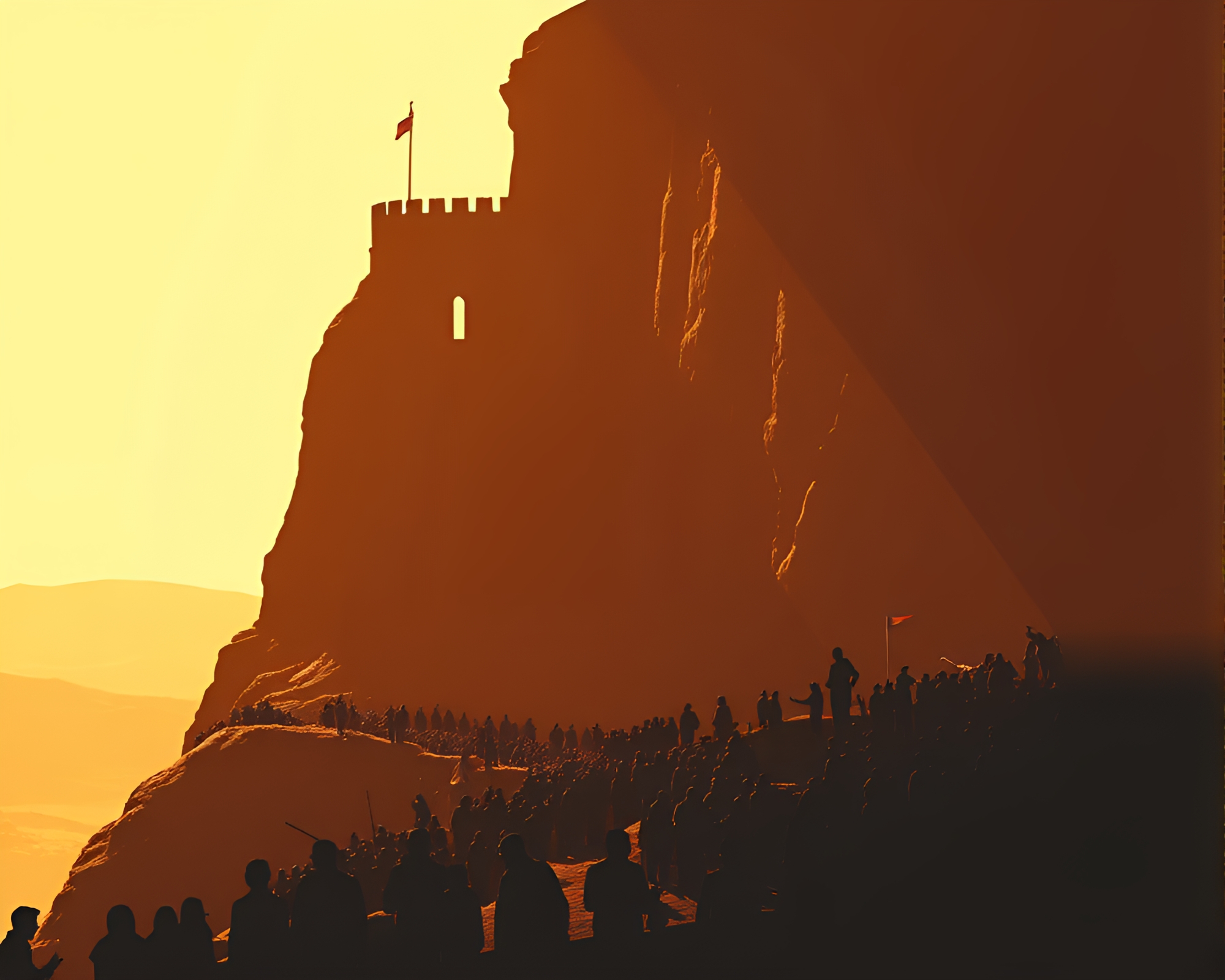Shadowy Crowd Silhouettes at Deserted Castle Cliffside – free AI stock image