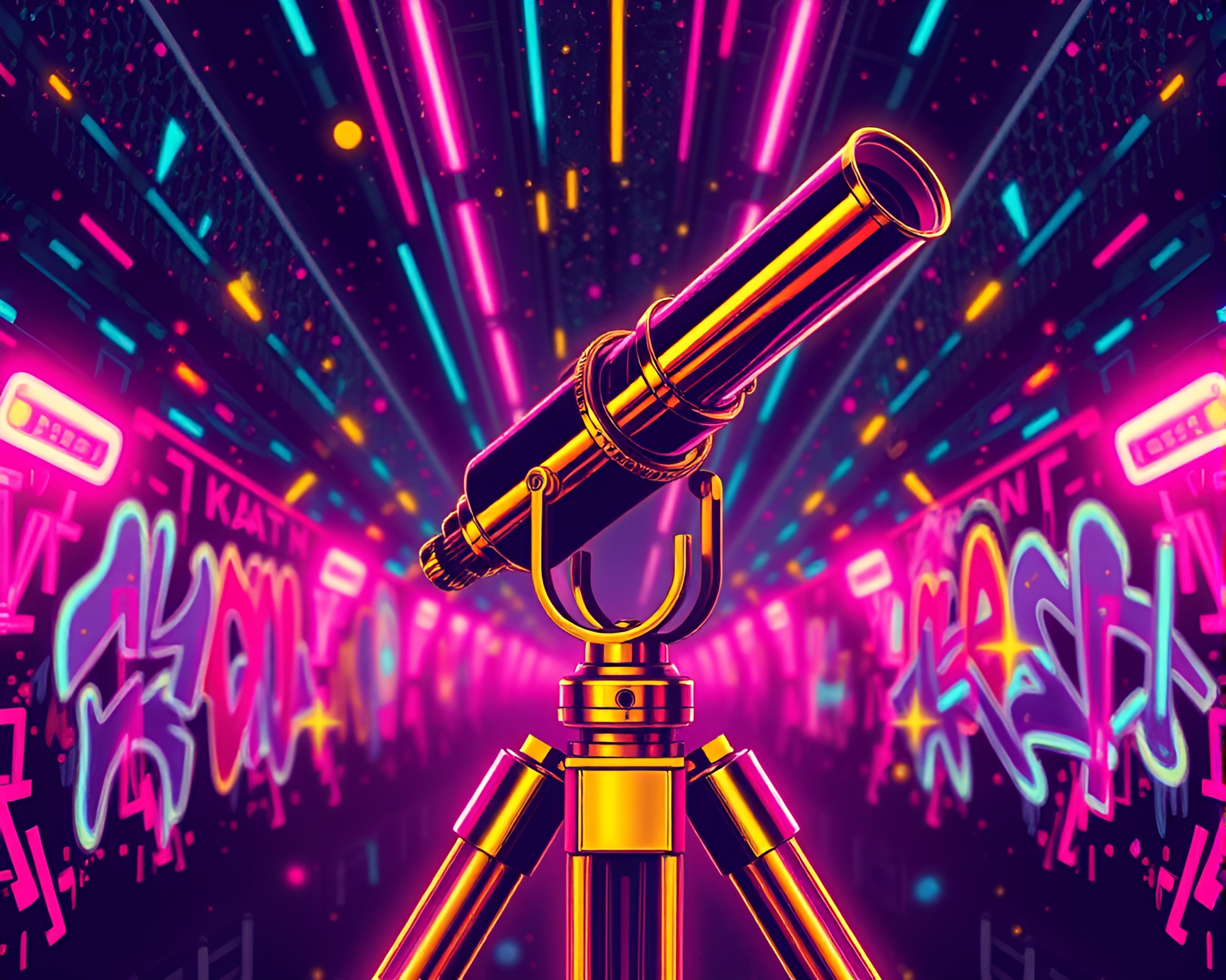 Brass telescope amidst neon graffiti in halftone pattern – free AI stock image