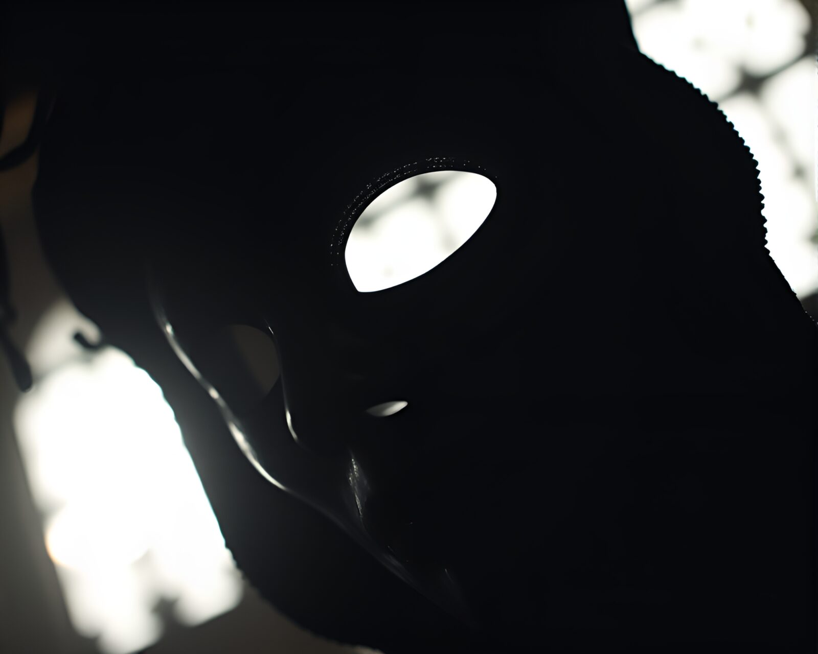 Backlit Venetian mask silhouette against dimly lit background