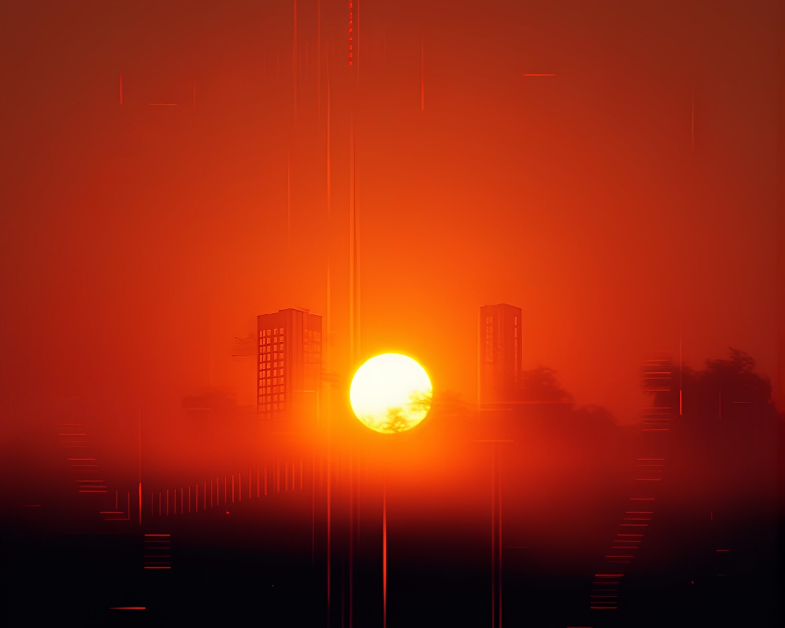 Digital halftone glitch art in golden sunrise rays