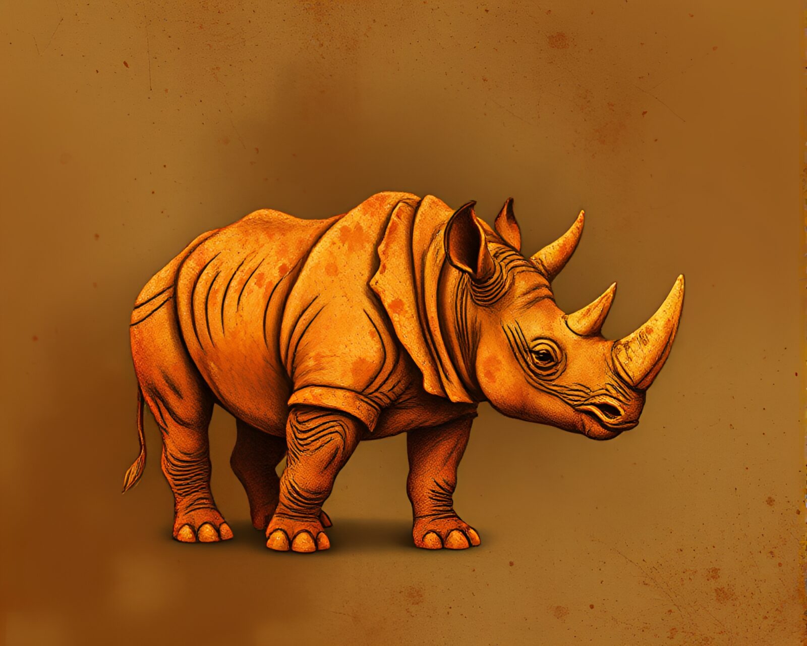 Elegant rhinoceros design in a hazy rust texture