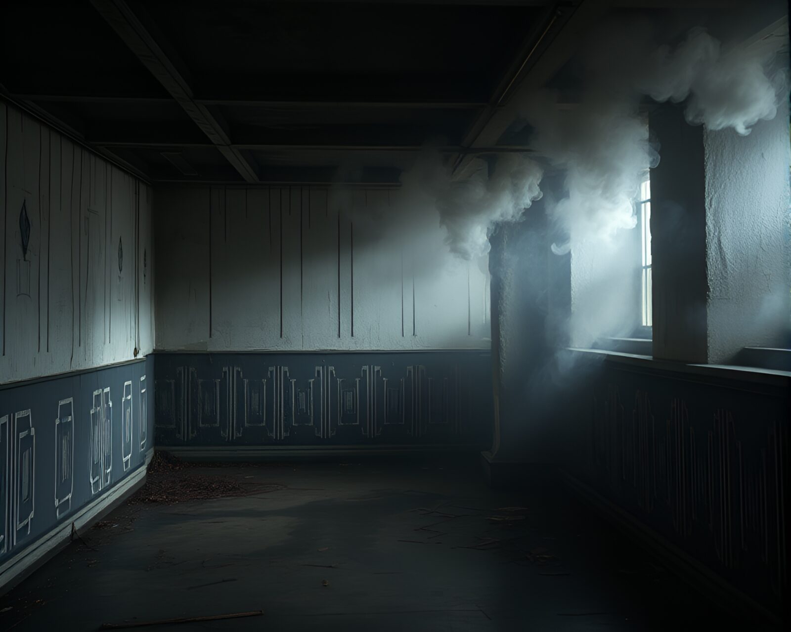 Abstract art of smoke rings in dim lit basement