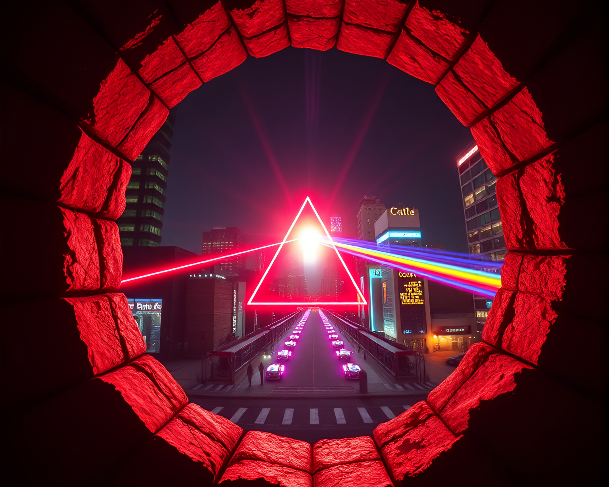 Prism Refraction in Neon Stone Circle – free AI stock image