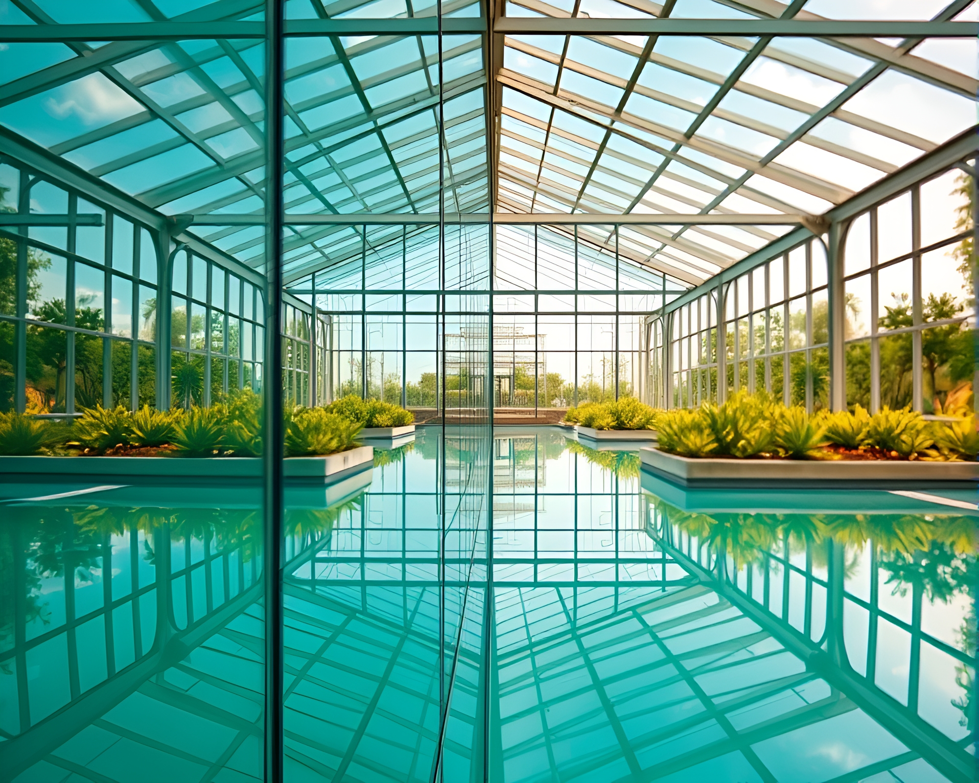 Glass Greenhouse Reflection: Turquoise Calm HDR Composition – free AI stock image
