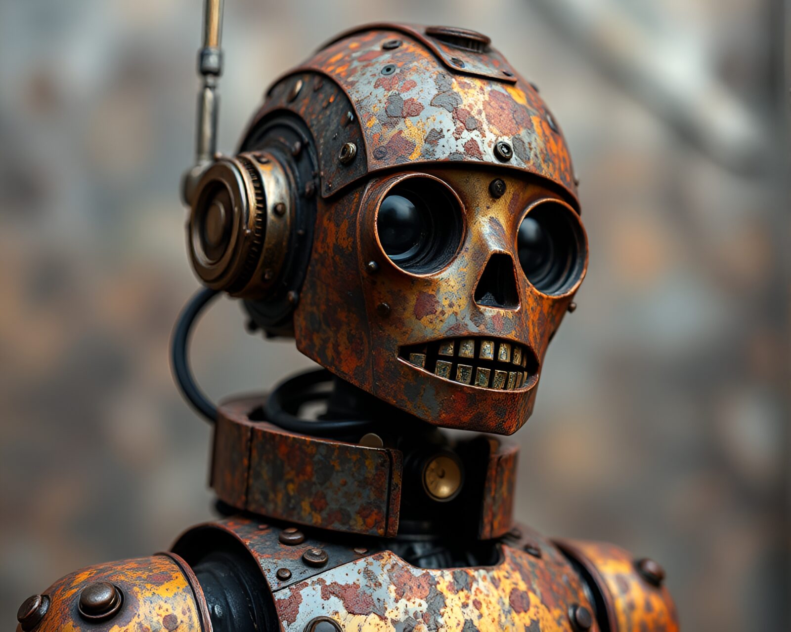 Dark, triadic theme featuring a steampunk robot in rust flakes