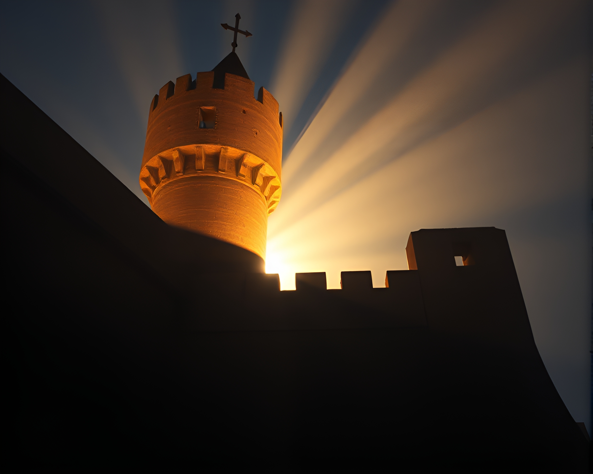 Majestic Deserted Castle in Warm Porchlight Glow – free AI stock image