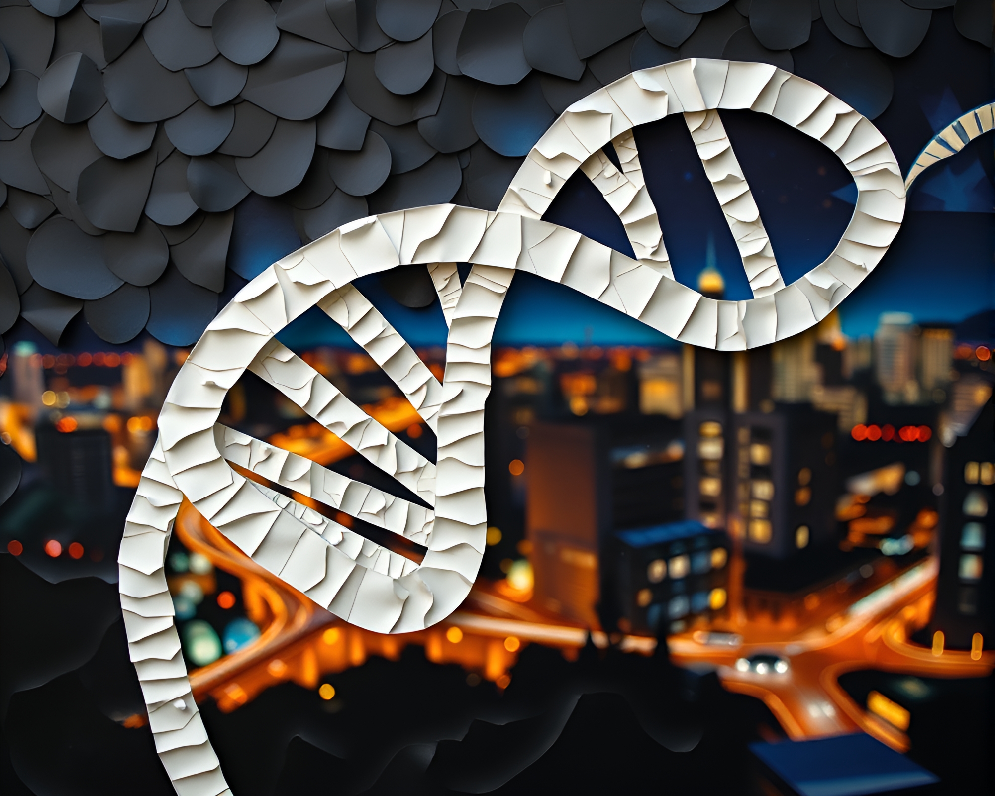 Urban DNA Helix Mural Amidst Paper Textures – free AI stock image