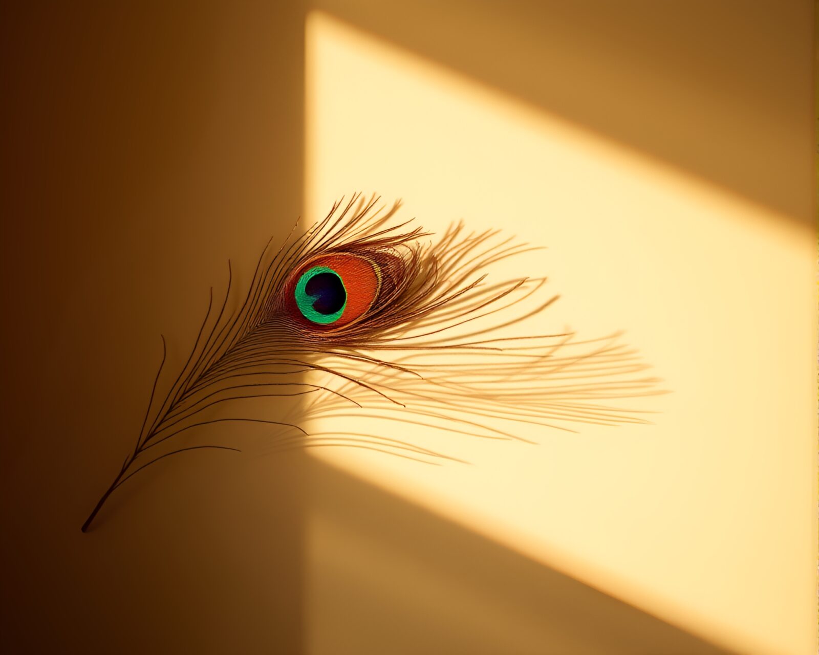 Intricate peacock feather shadow play against a burnt orange backdrop