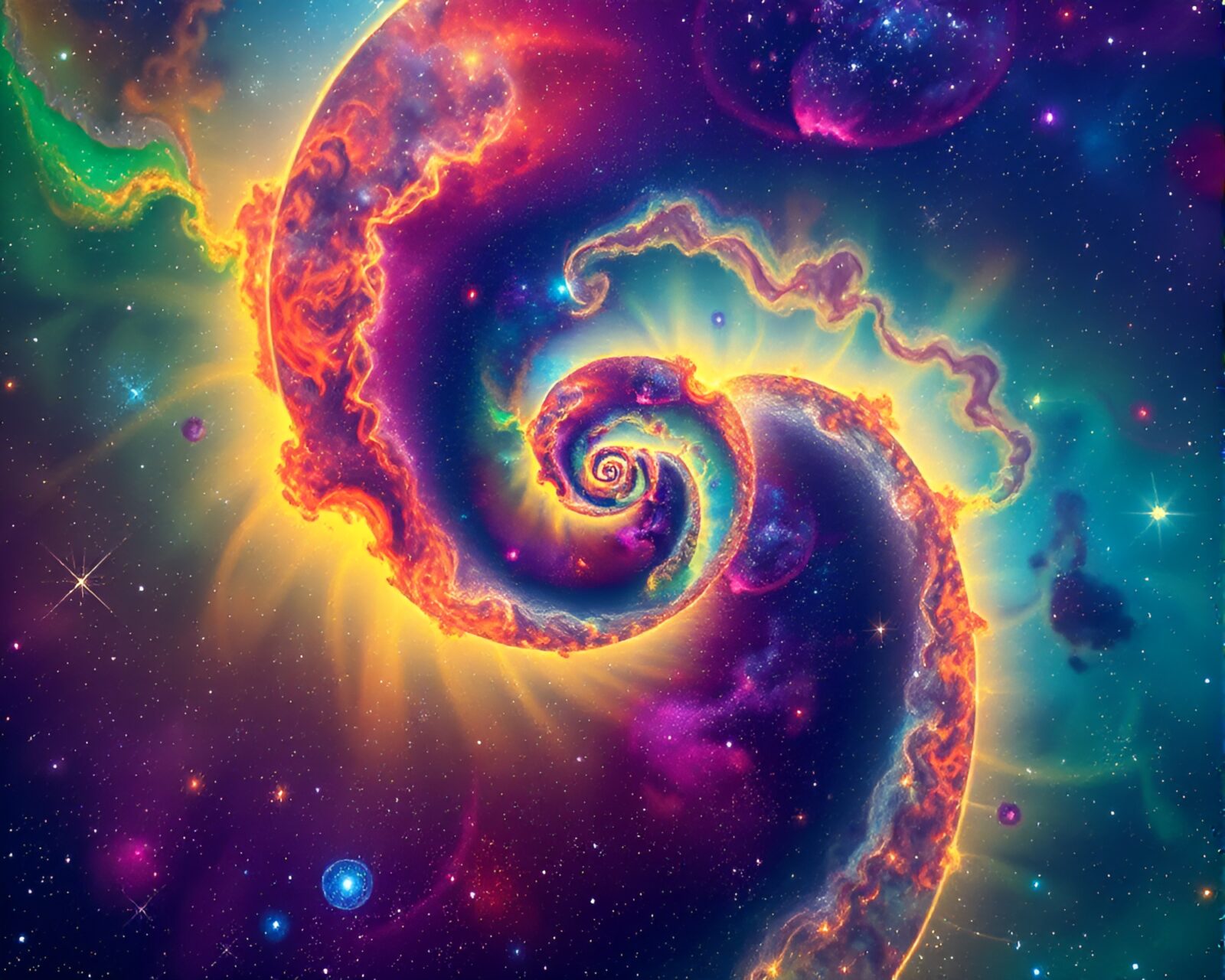 Vibrant space garden with Fibonacci spiral under cosmic hues
