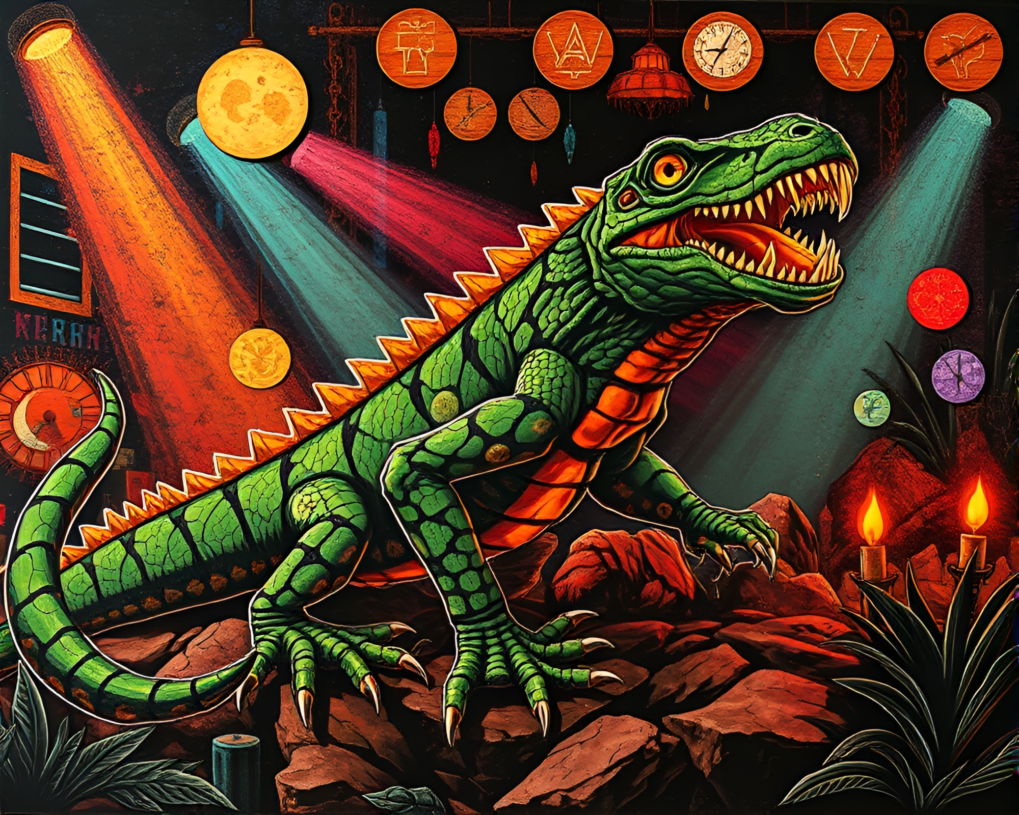 Basilisk Dance in Strobe-Lit Fresco Collage – free AI stock image