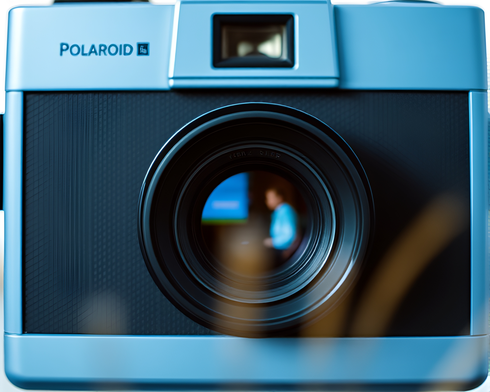 Camera Lens in Steel-Blue Polaroid Frame – free AI stock image