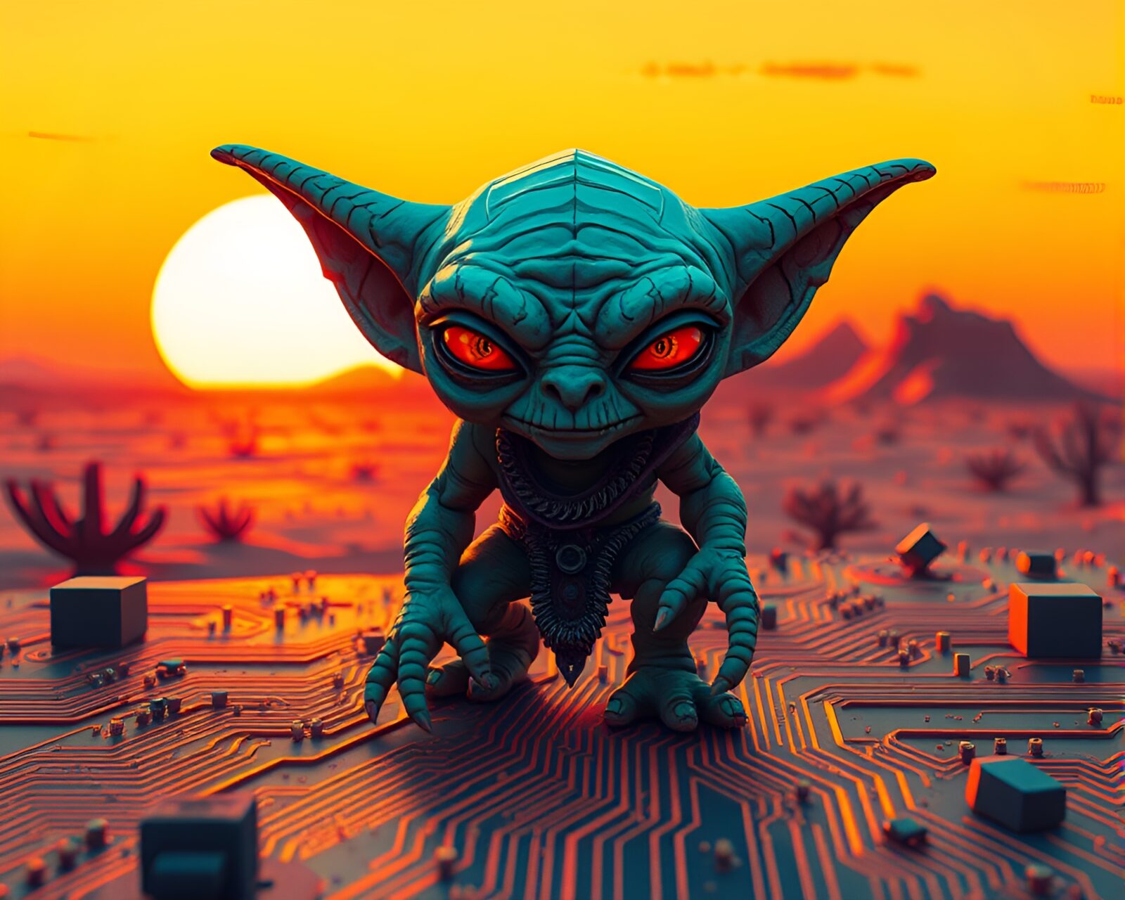 Voxel art circuit board with goblin elements in desert sunset hues