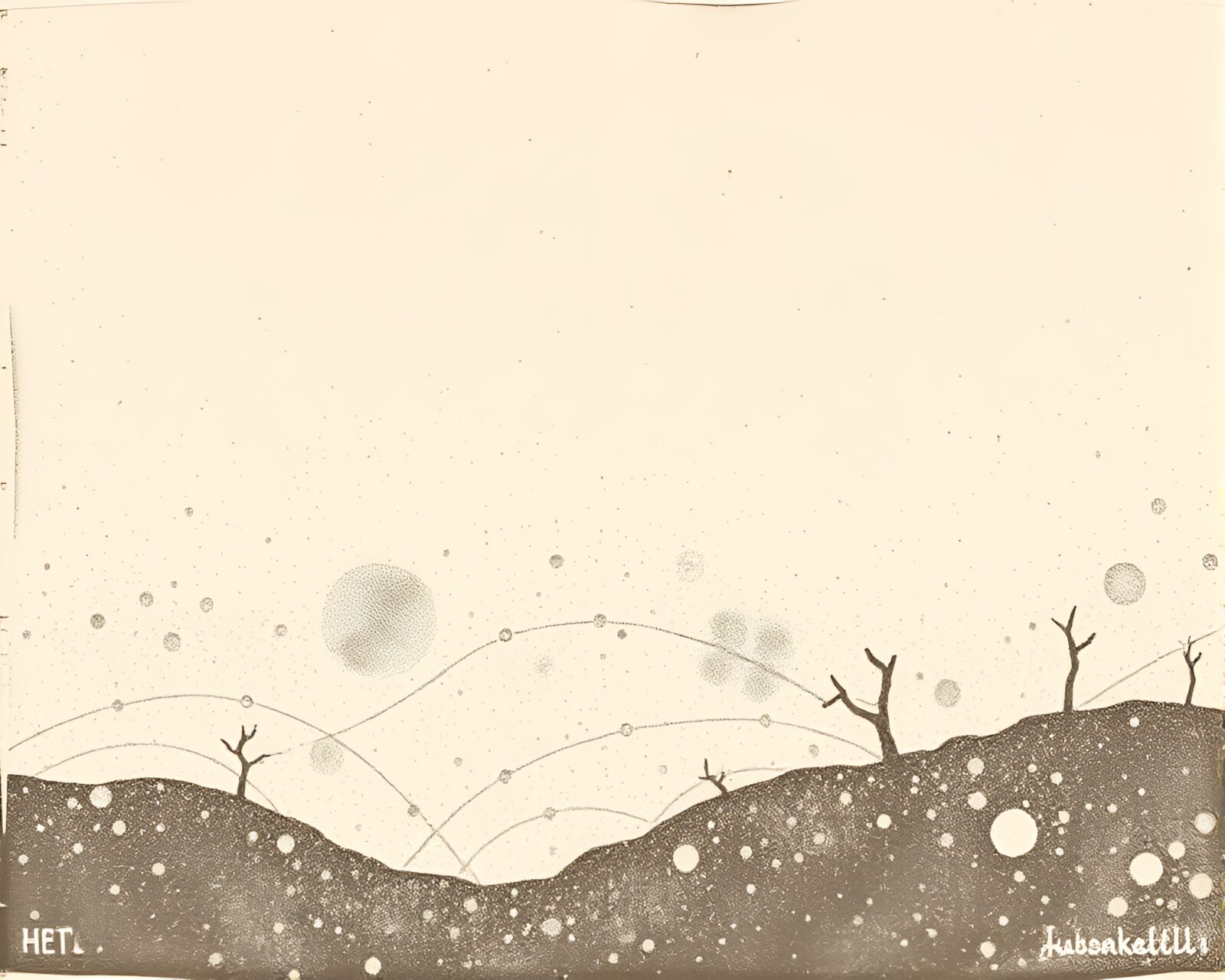 Sepia-toned linocut texture of ice-blue hot spring scene