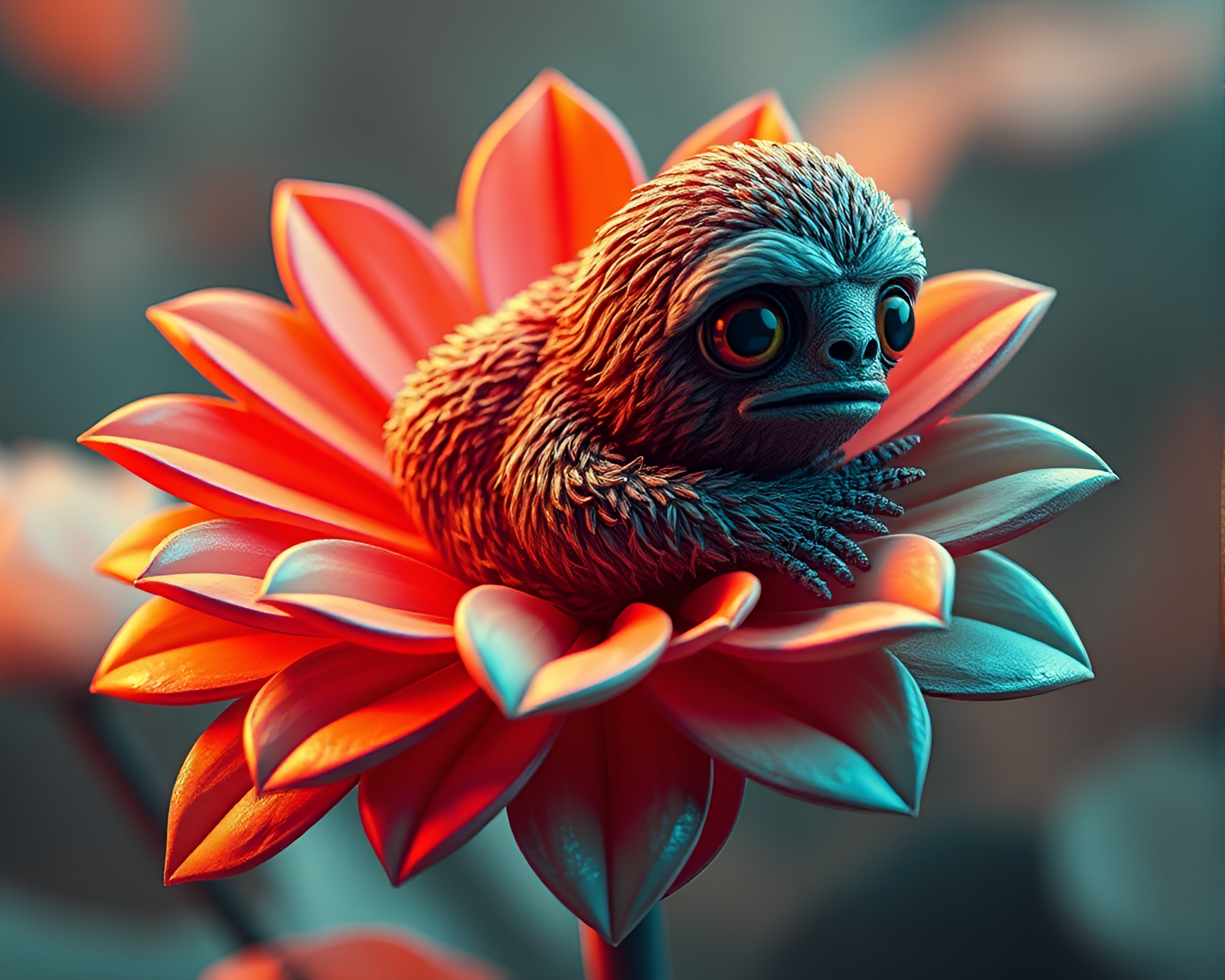 Sloth amidst glitched flower petals – free AI stock image