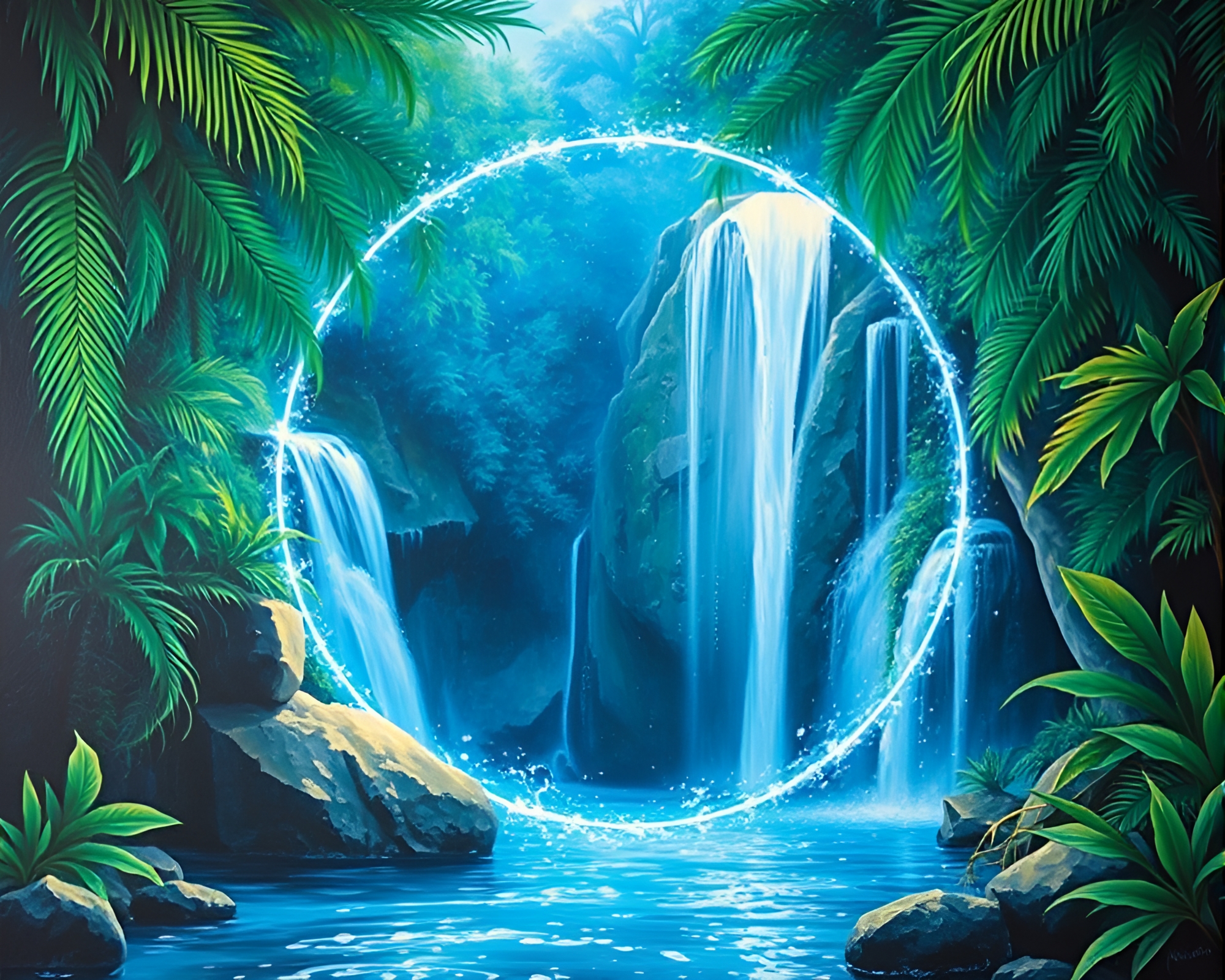 Tropical Waterfall Illuminated in Acrylic Glow – free AI stock image