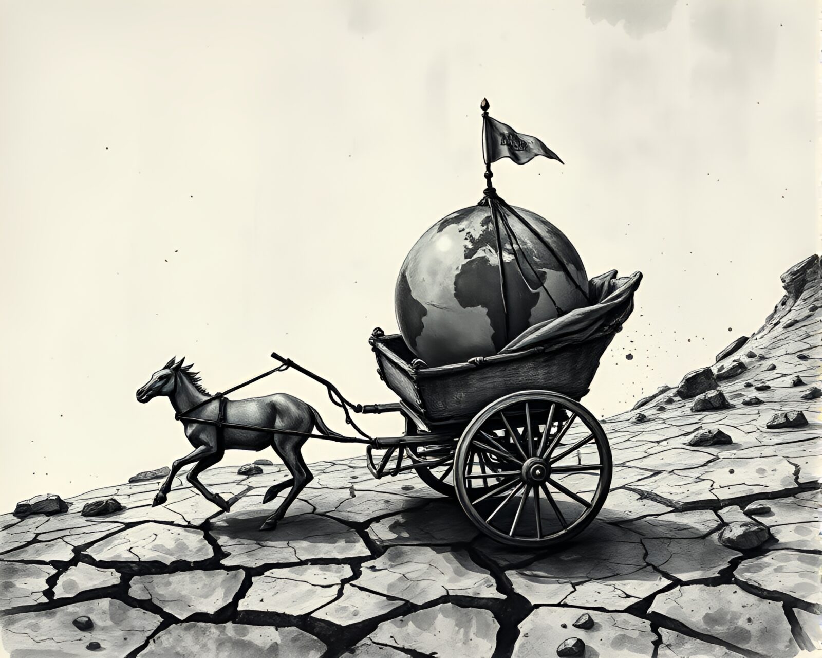 Watercolor illustration of a chariot pulled by animals on dry cracked land