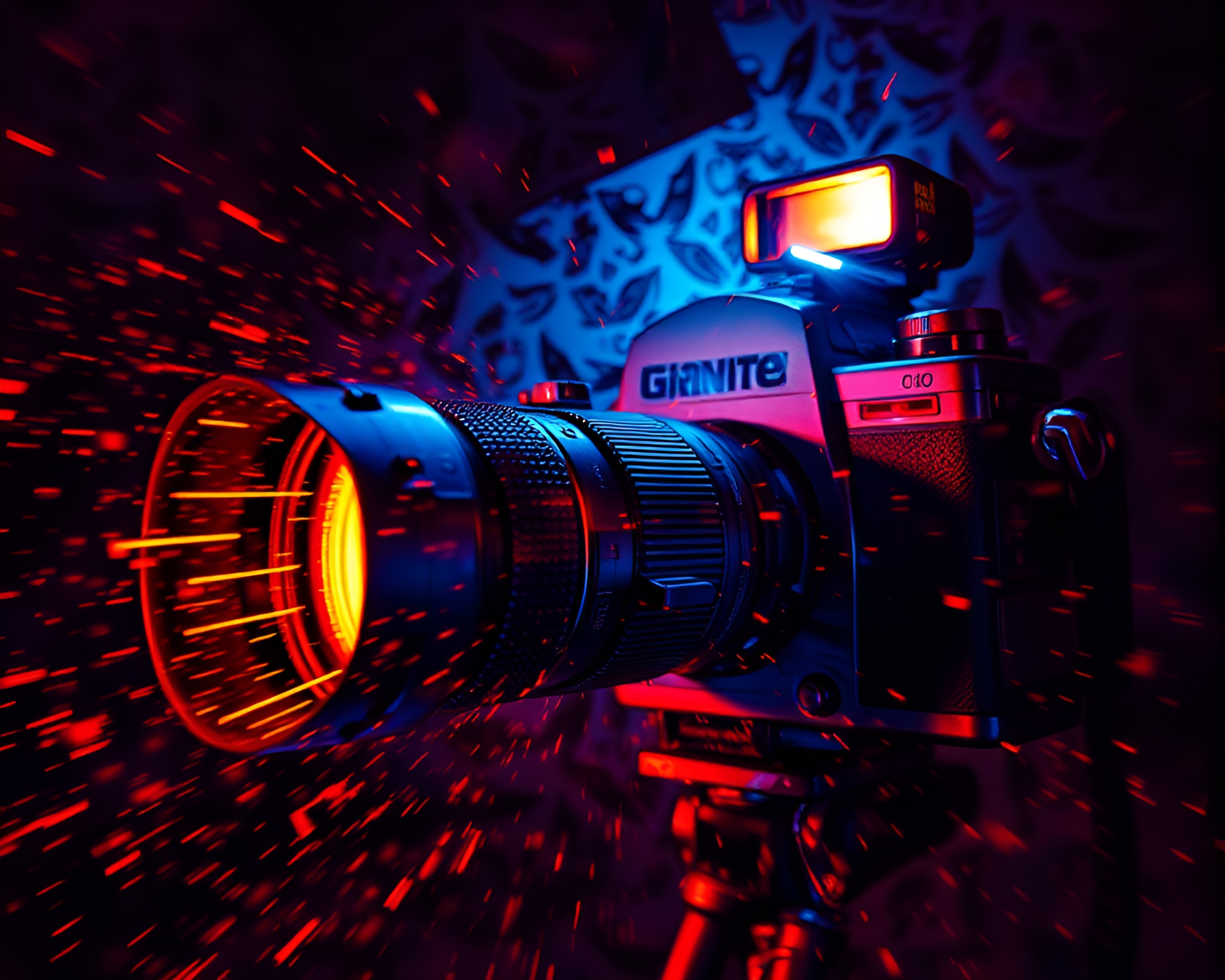 Dynamic Camera Capture with Gold Foil Elements – free AI stock image