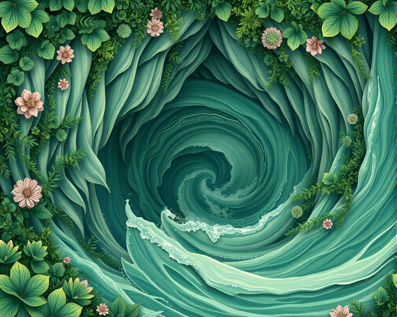 Botanical illustration of mint green cliff with swirling vortex