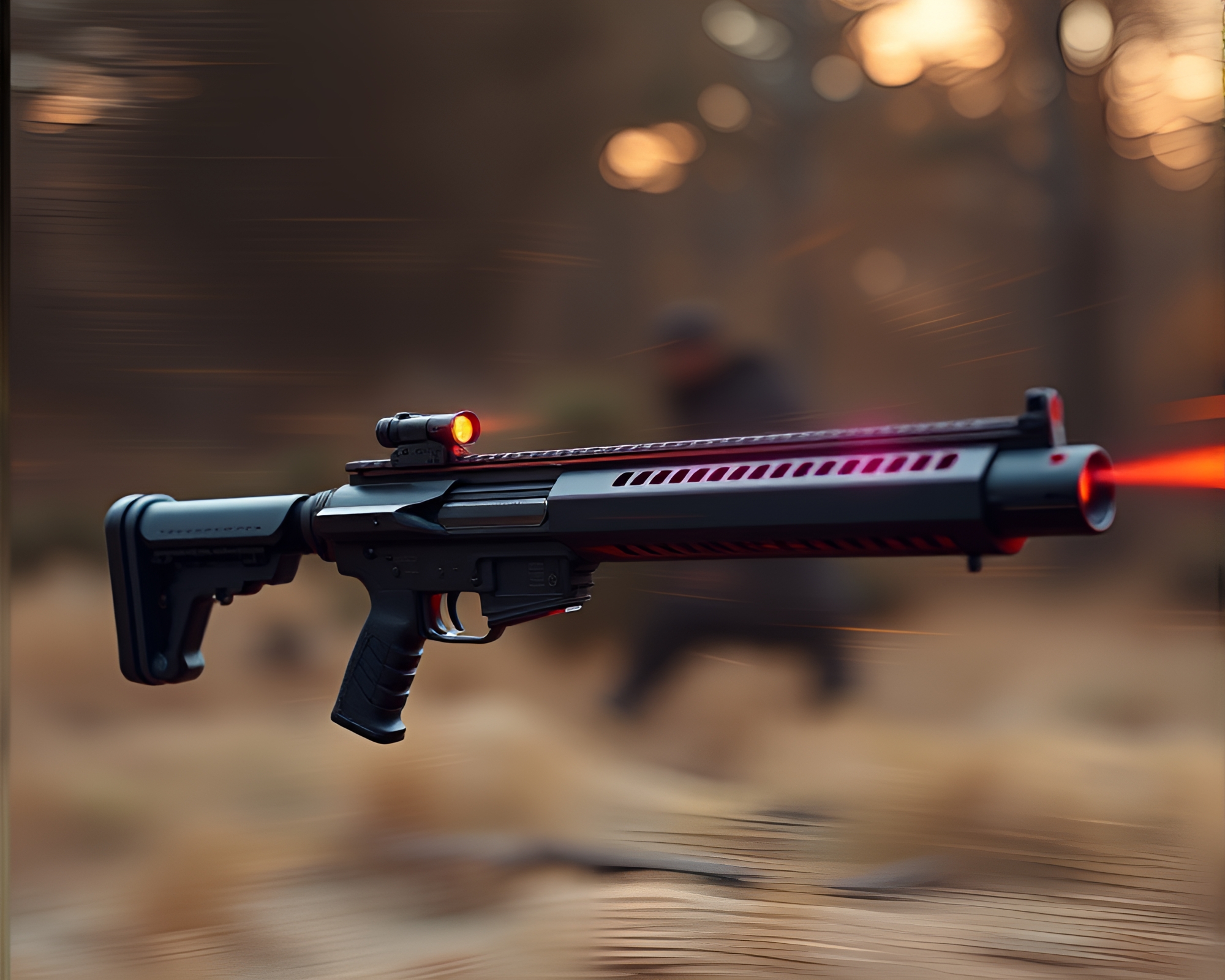 Plasma Rifle Zoom Burst in Dawn Mist – free AI stock image