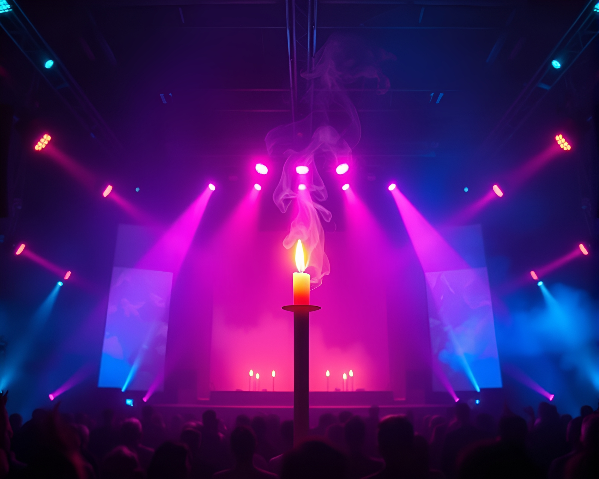 Synthwave Candle Smoke Concert Stage – free AI stock image