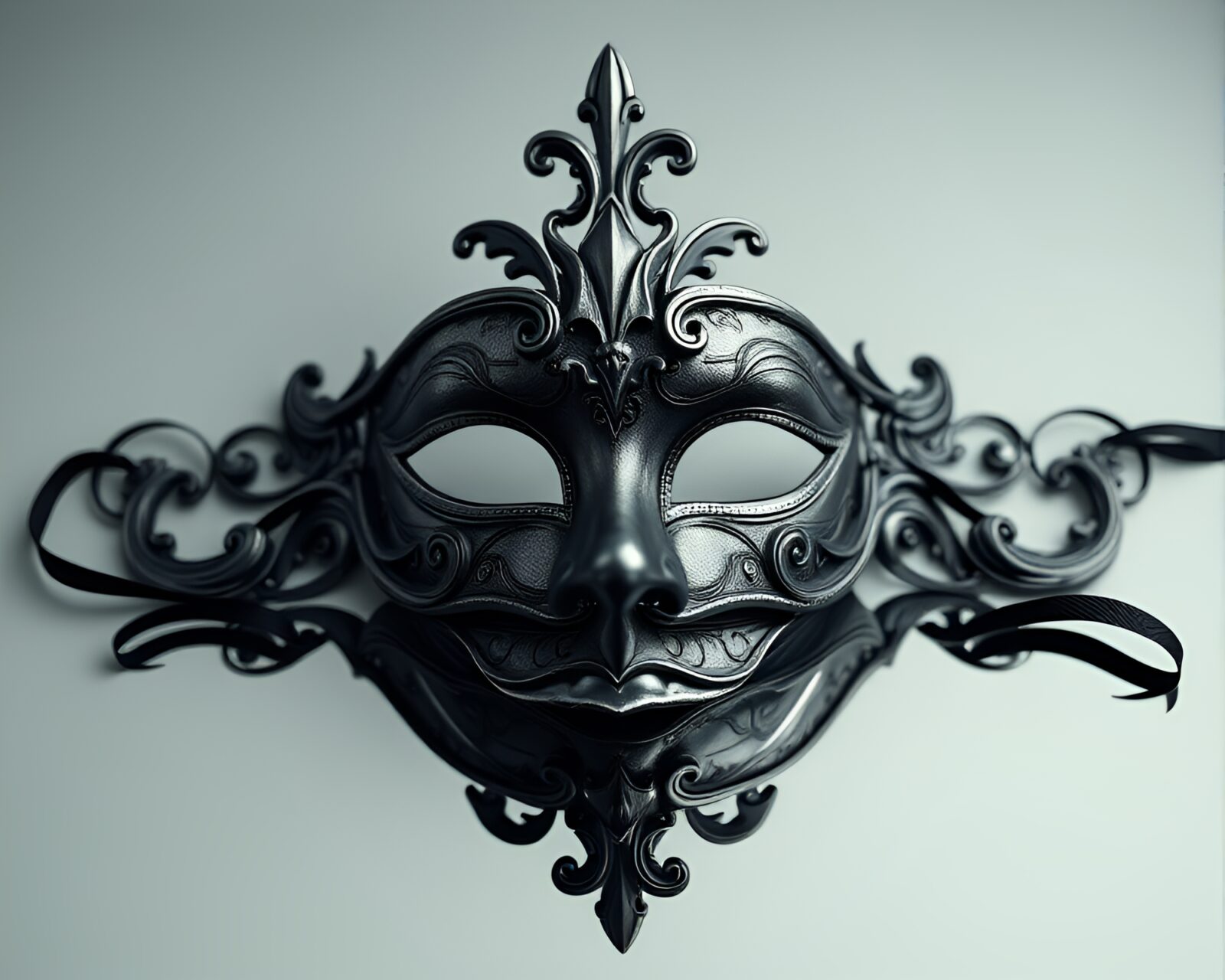 Mysterious Venetian mask reflected twice in graphite gray hues
