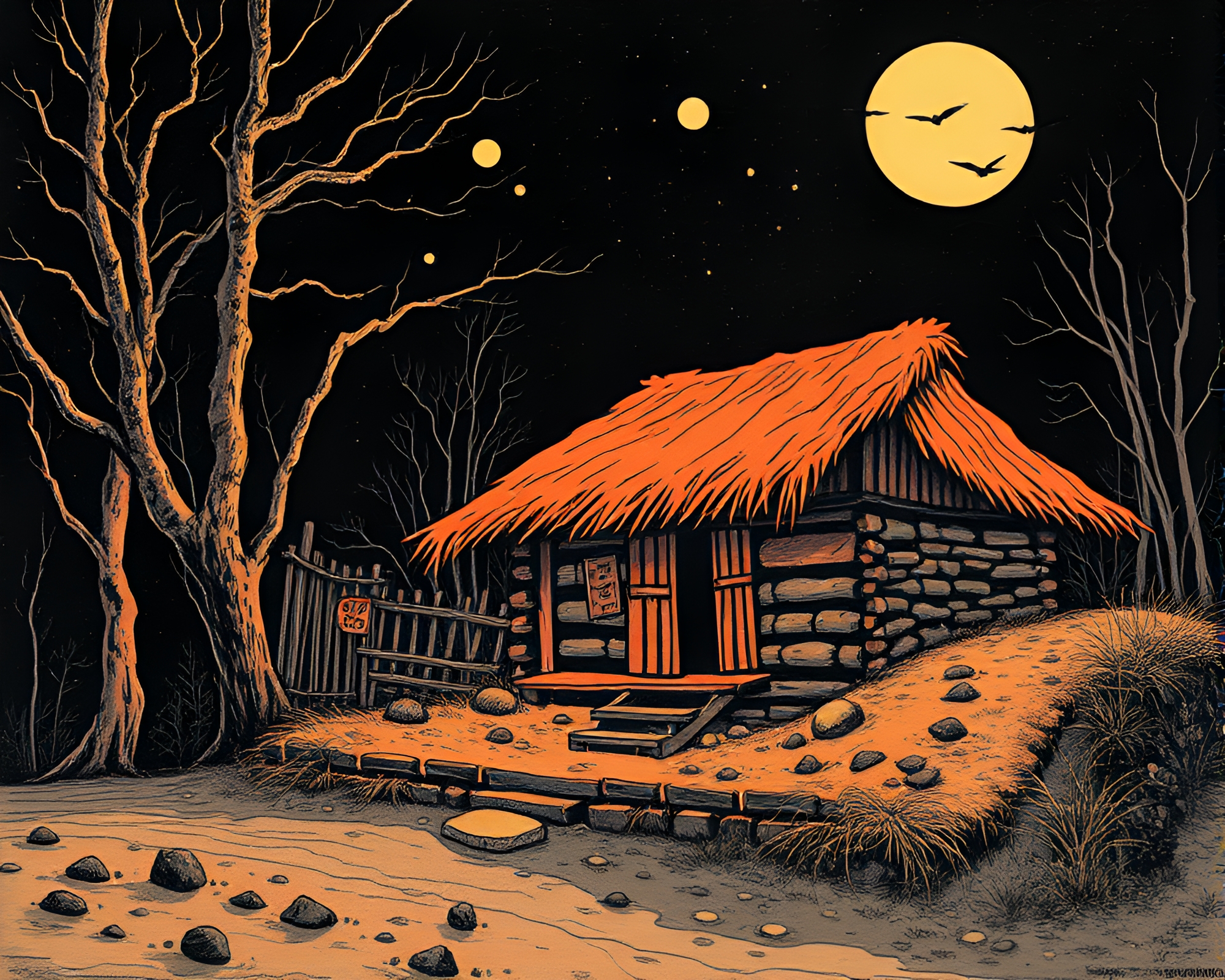 Enigmatic Woodblock Print Marks on Ultraviolet Mud Hut – free AI stock image