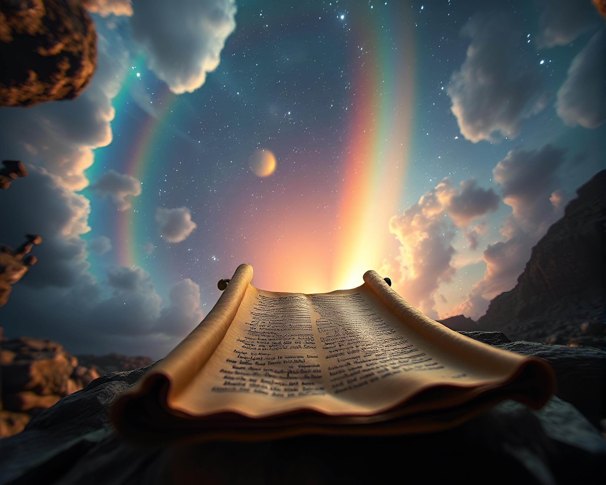 Ancient Scroll Revealing Cosmic Rainbow Wormhole – free AI stock image