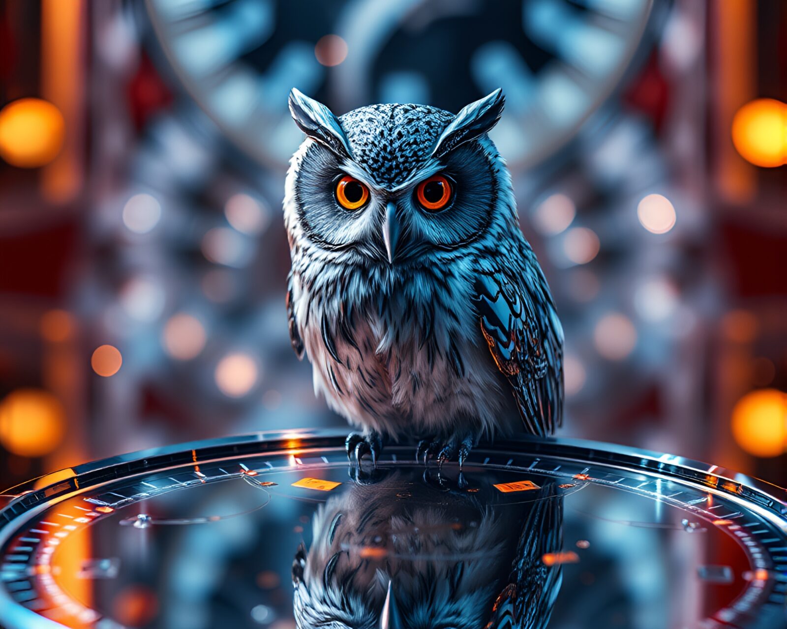 A futuristic clockwork owl in a metallic reflection scene