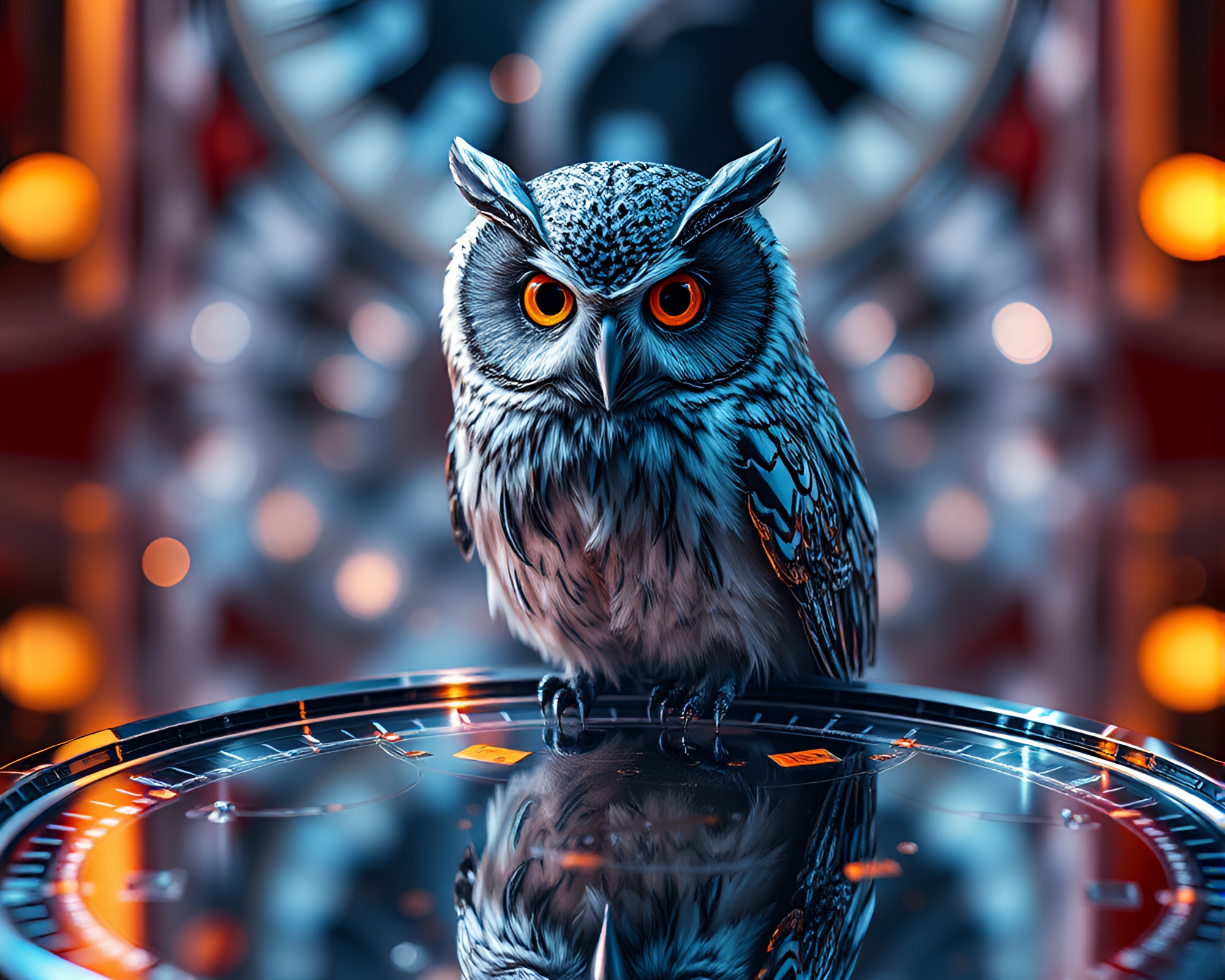 Clockwork Owl Reflecting Chrome in Digital Bloom – free AI stock image