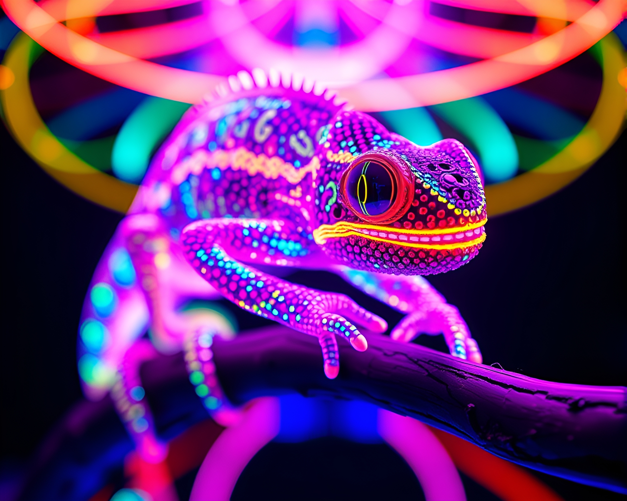Neon Chameleon in Kaleidoscope Action Painting – free AI stock image