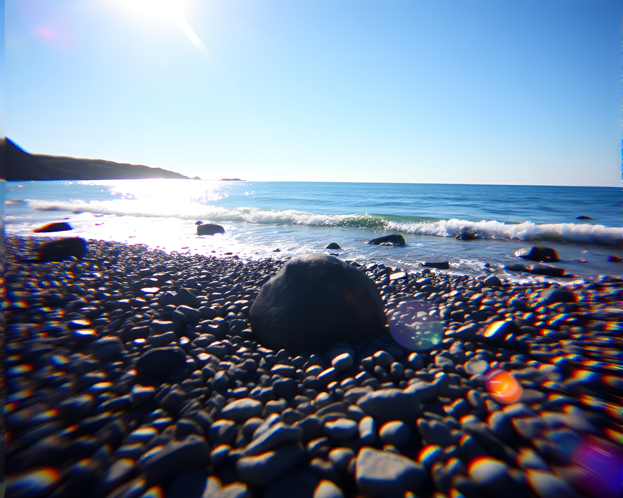 Glitchy Lens Flare on Pebble Beach – free AI stock image
