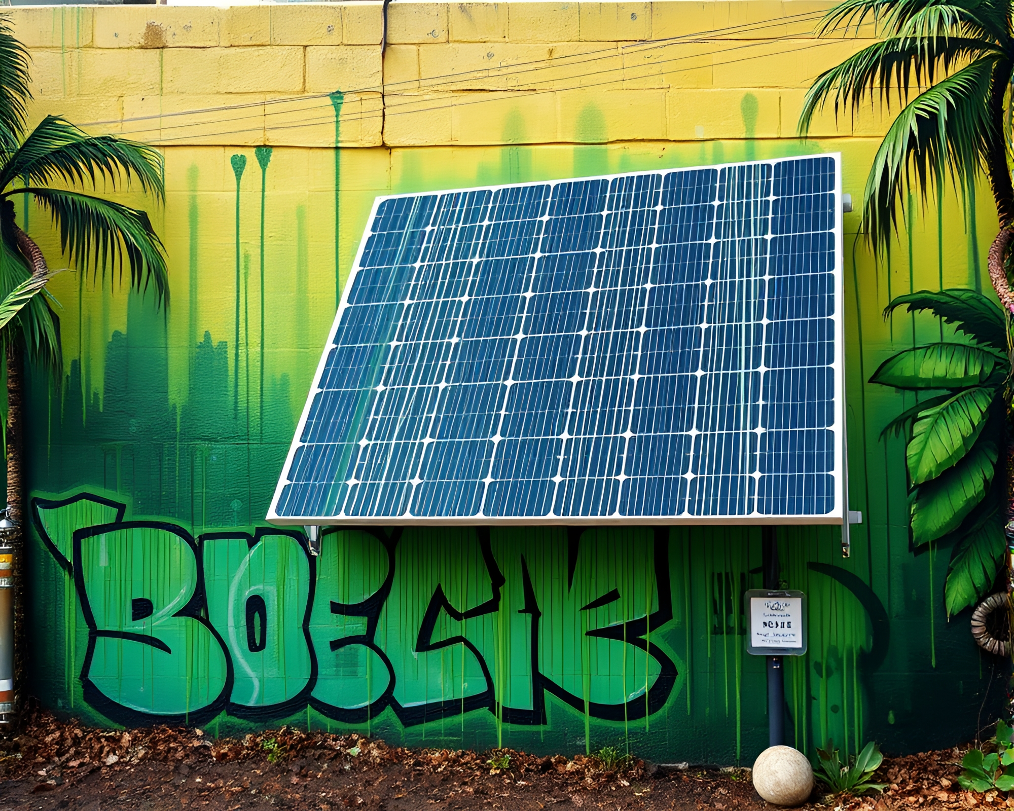 Rainforest Green Solar Panel Array Graffiti Mural – free AI stock image