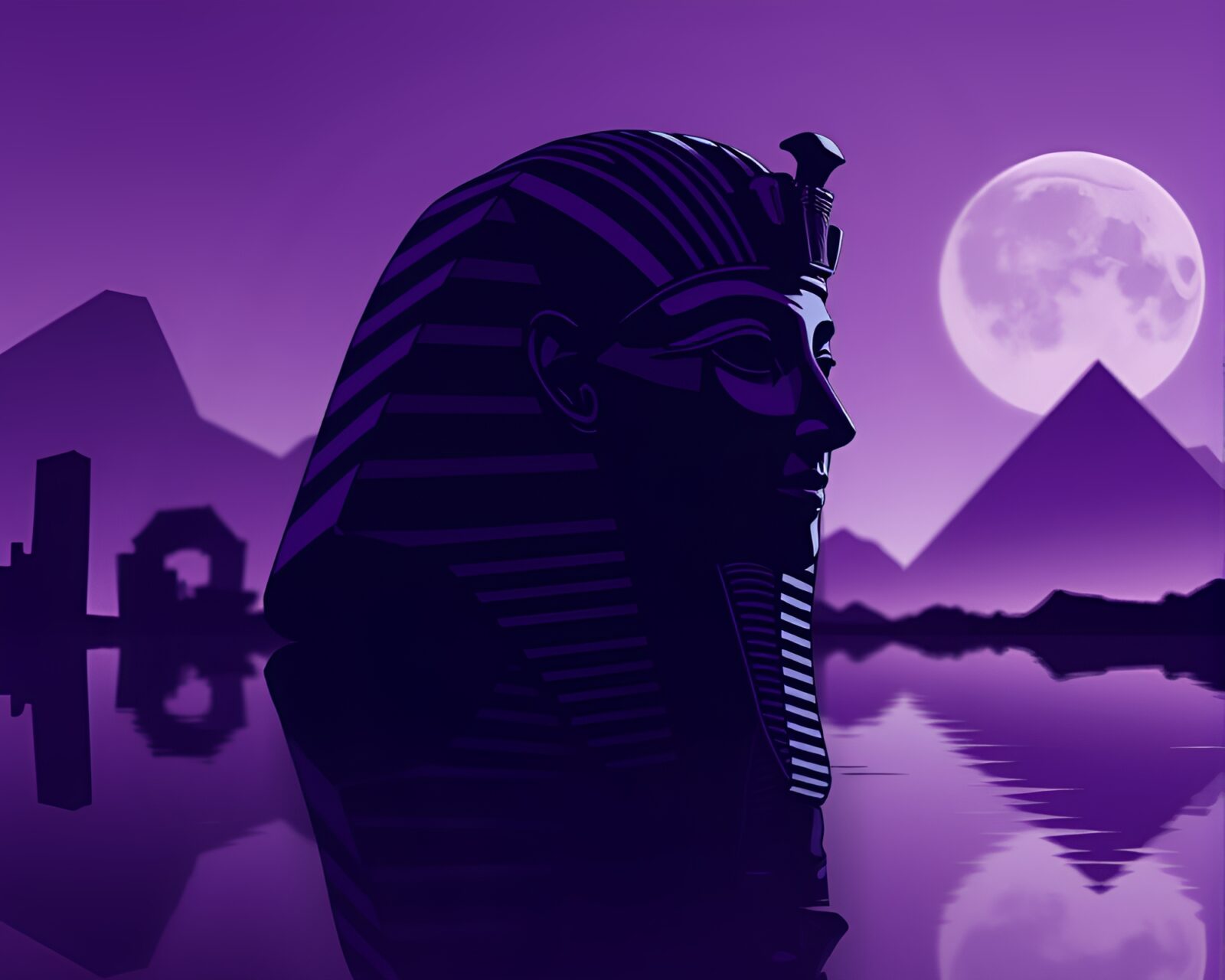 Silhouetted Pharaoh's mask reflecting in twilight-purple hues, comic book art