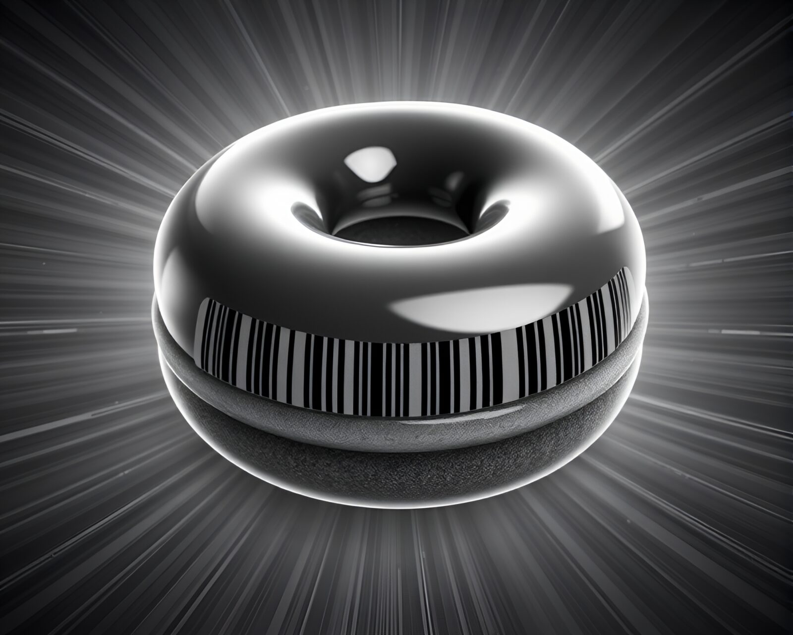 A stunning graphical representation of a jelly-filled doughnut with barcode stripes in a realistic gray setting.