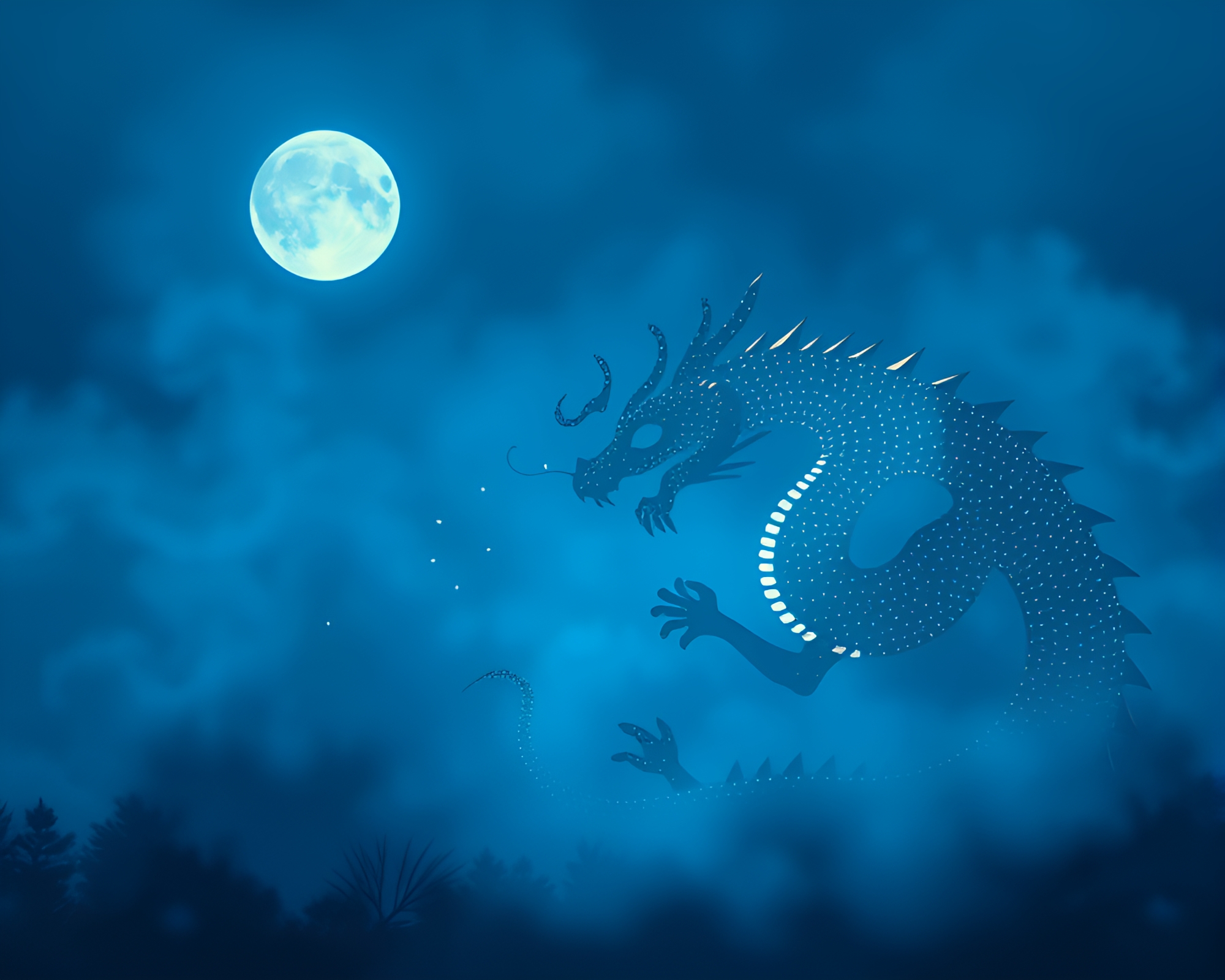Dragon in Blue Twilight with Screenprint Dots – free AI stock image